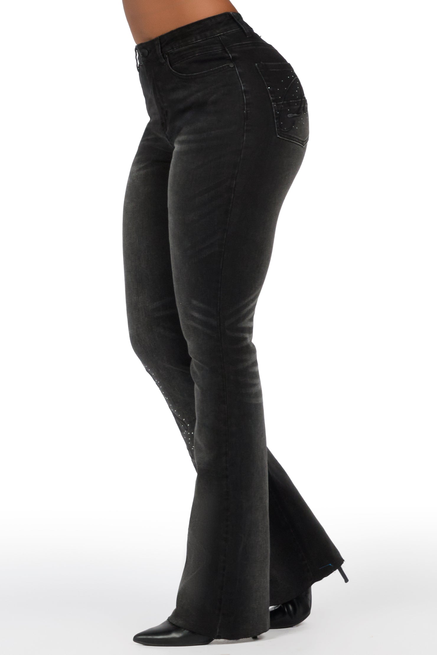 Calisa Black Rhinestone Stacked Flare Jean