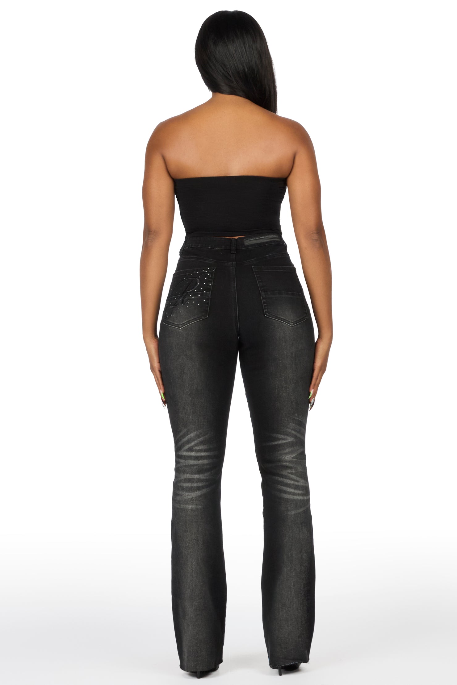 Calisa Black Rhinestone Stacked Flare Jean