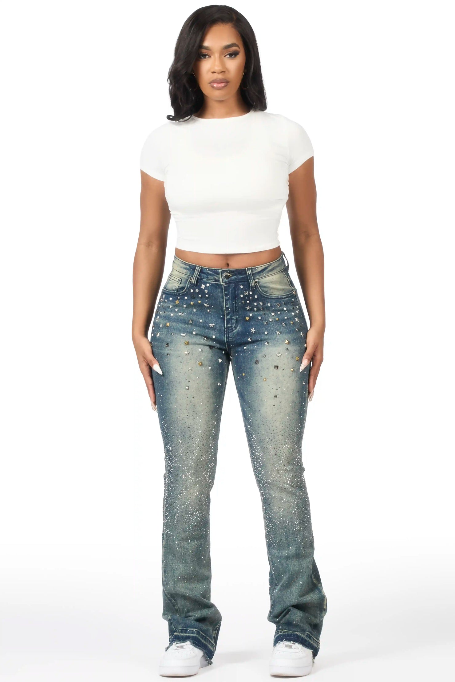 Starr Dark Wash Rhinestone Stacked Flare Jean