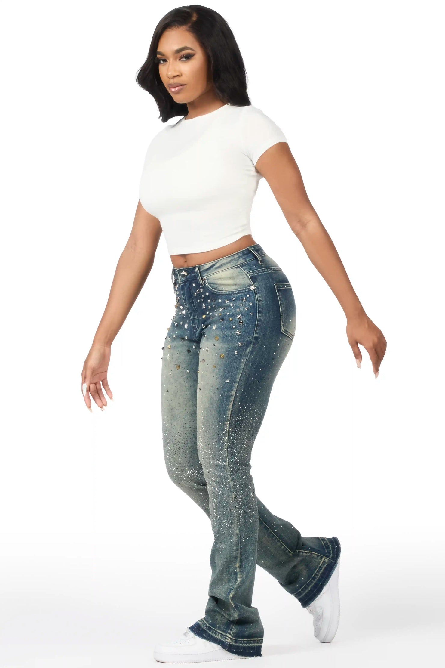 Starr Dark Wash Rhinestone Stacked Flare Jean