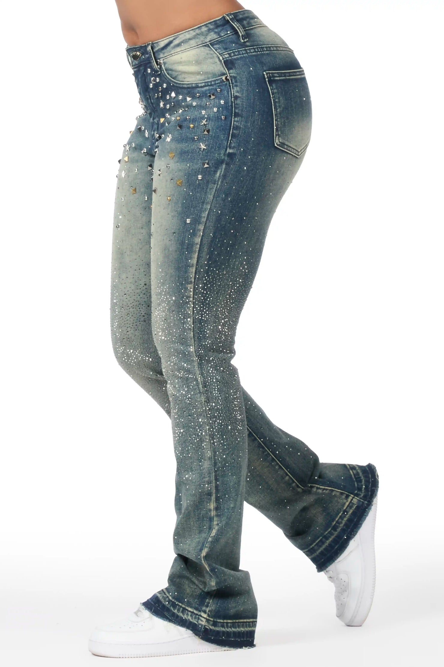 Starr Dark Wash Rhinestone Stacked Flare Jean