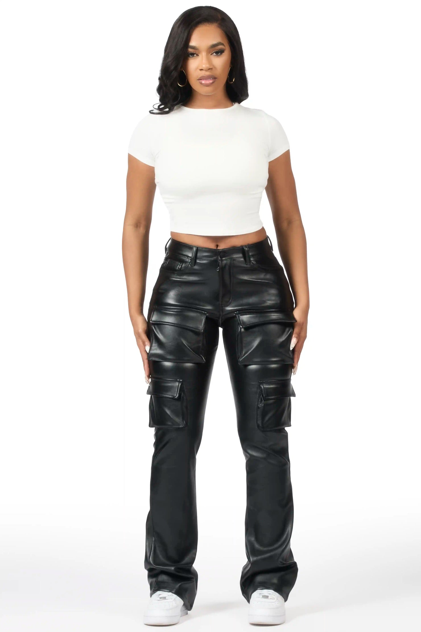 Caressia Black PU Cargo Stacked Flare Pant
