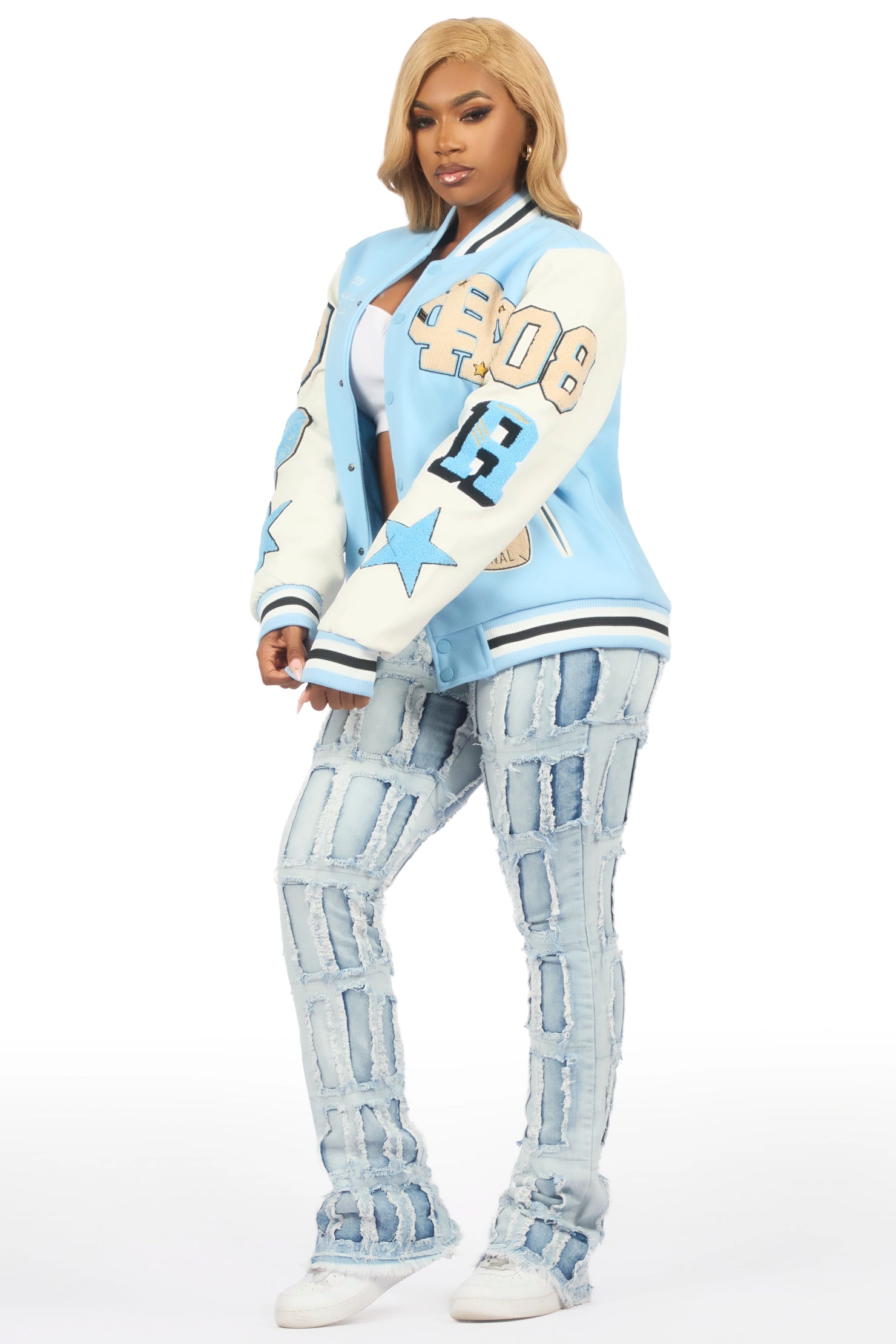 Adrienne Baby Blue Oversized Varsity Jacket