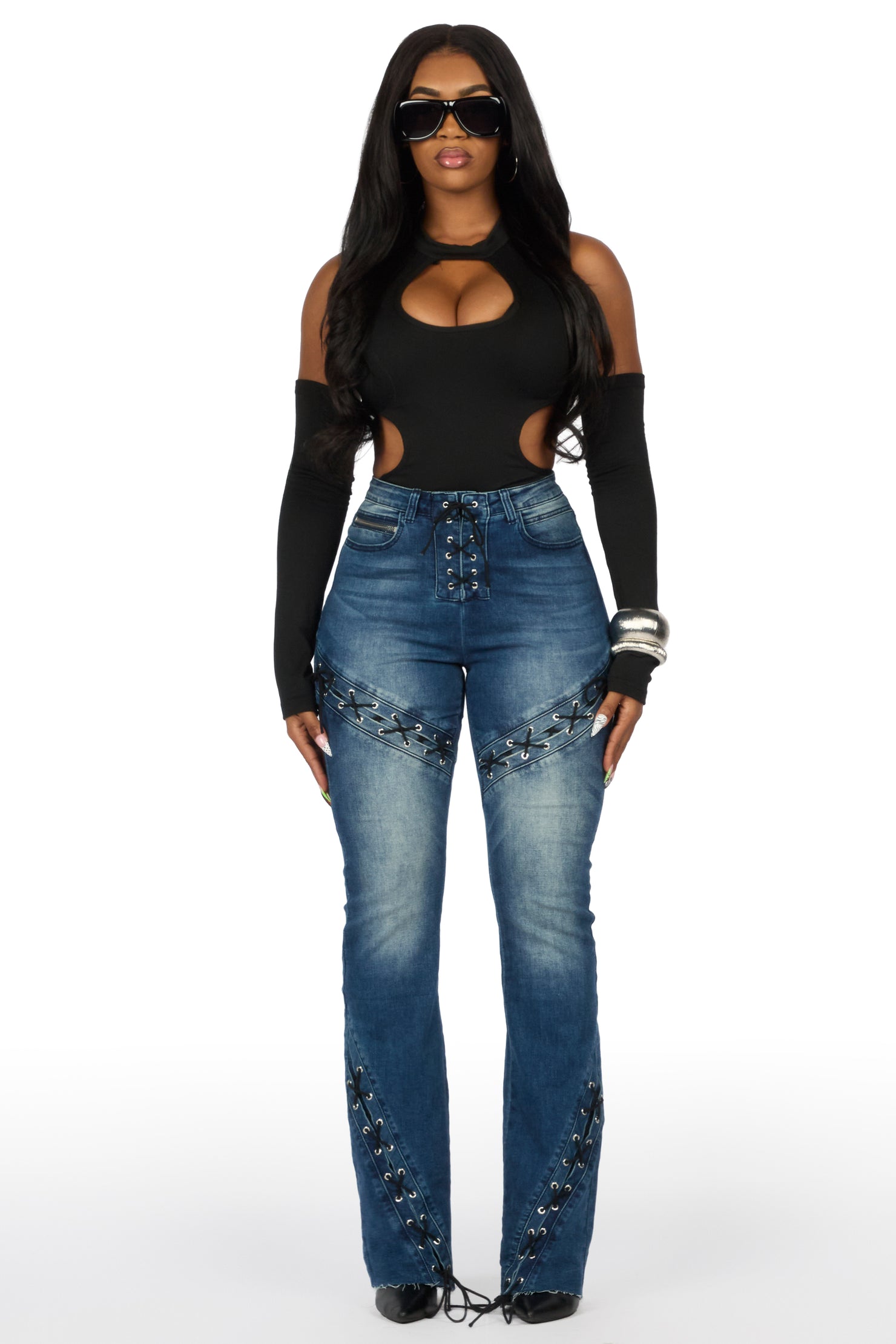 Shanai Dirty Wash Lace Up Stacked Flare Jean