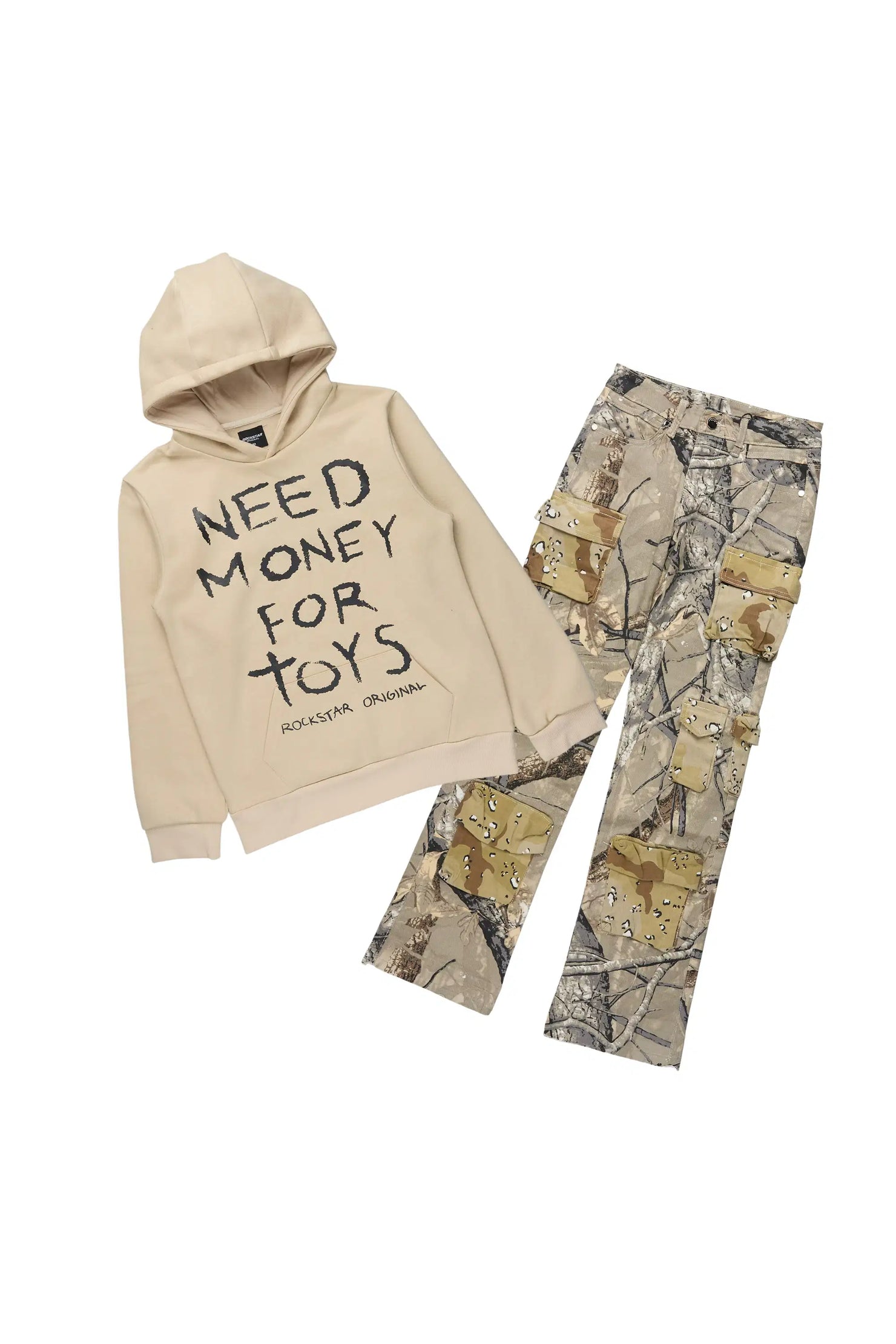 Boys M4 Toys Beige Hoodie & Yves Camo Tree Stacked Jean Set