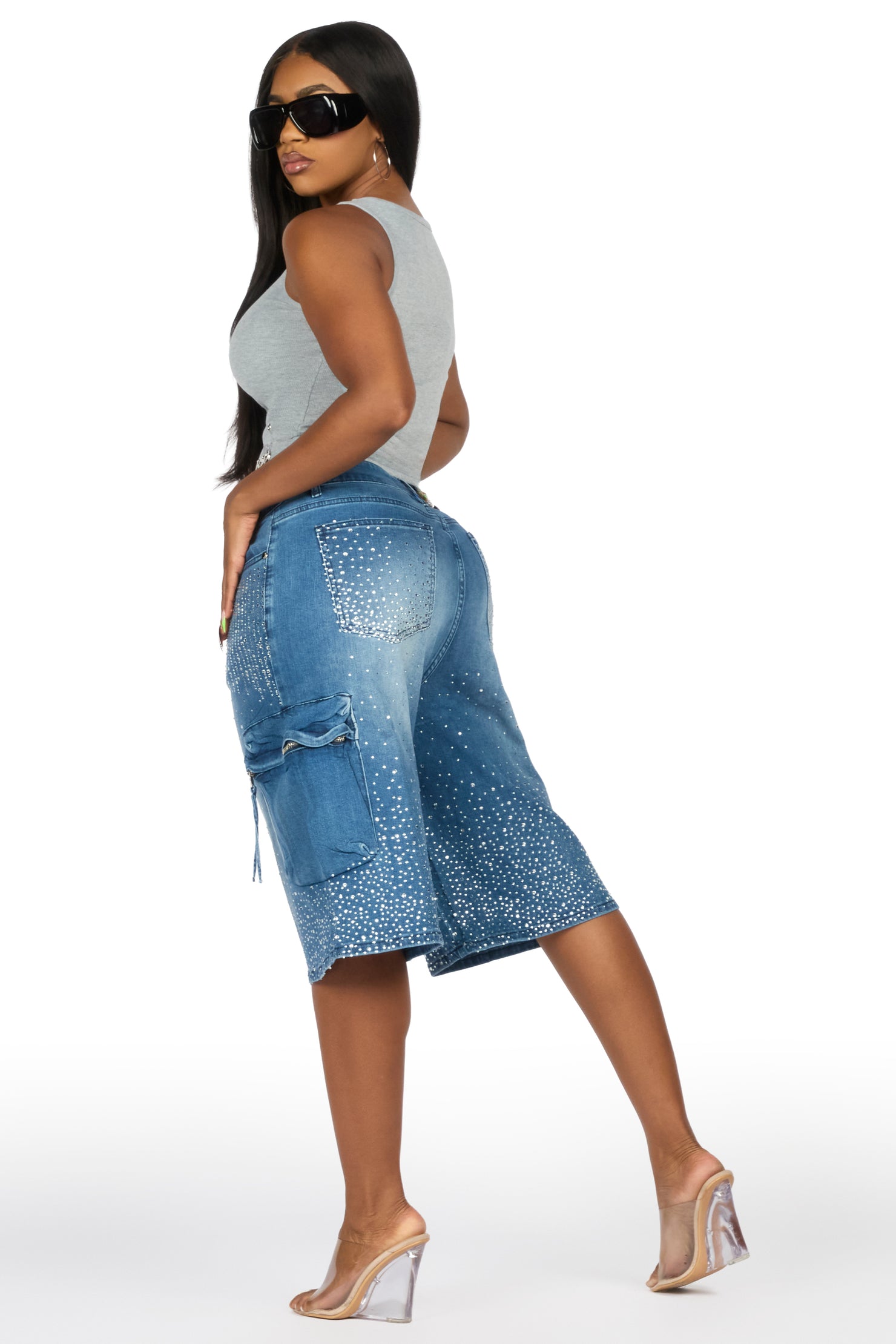 Lashandra Med. Wash Rhinestone Denim Jort