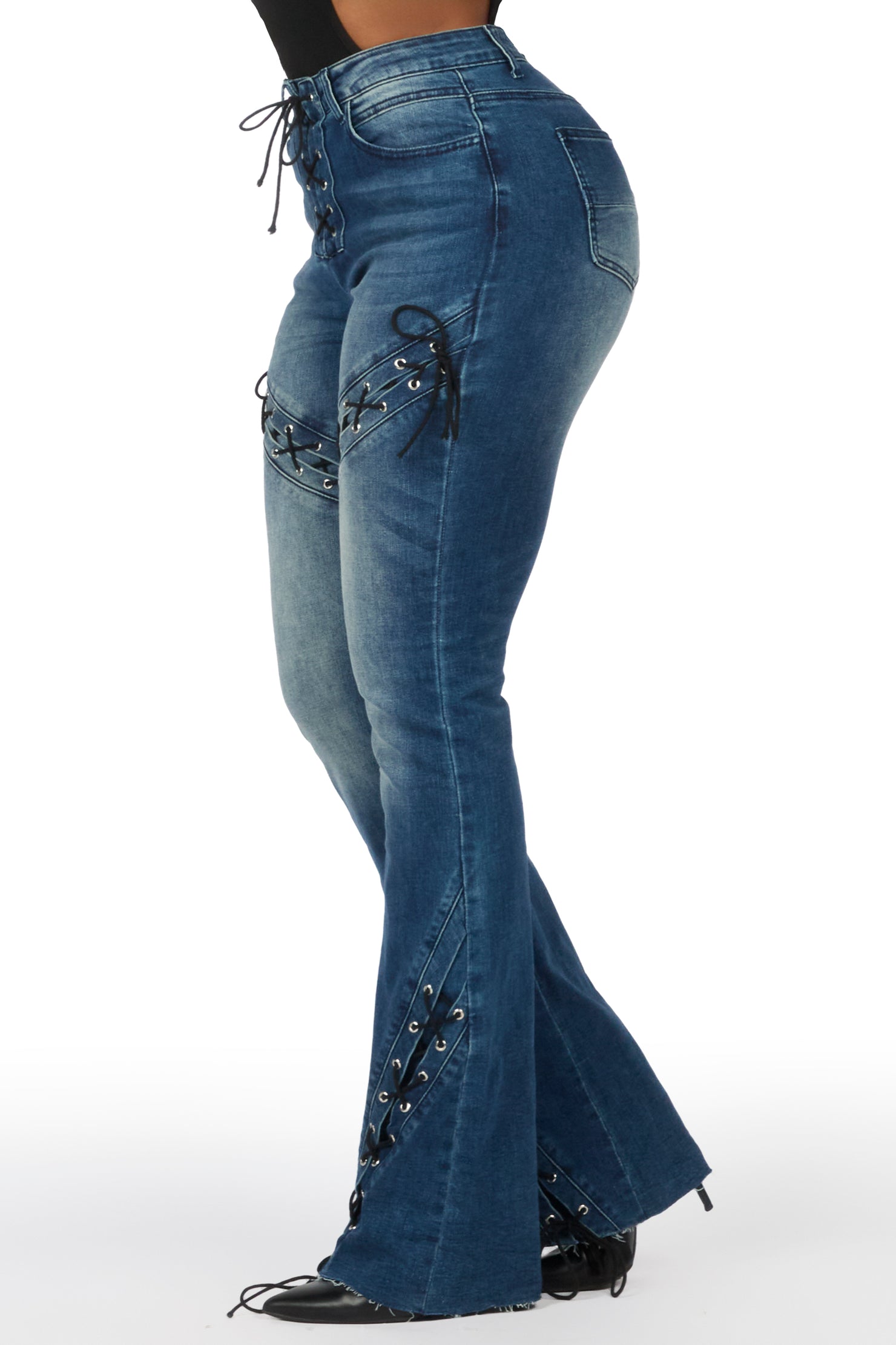 Shanai Dirty Wash Lace Up Stacked Flare Jean