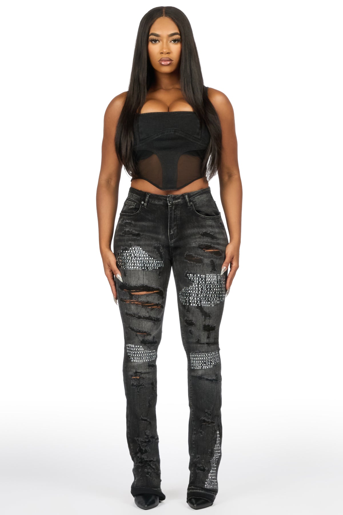 Kyesha Grey Wash Rhinestone Stacked Flare Jean