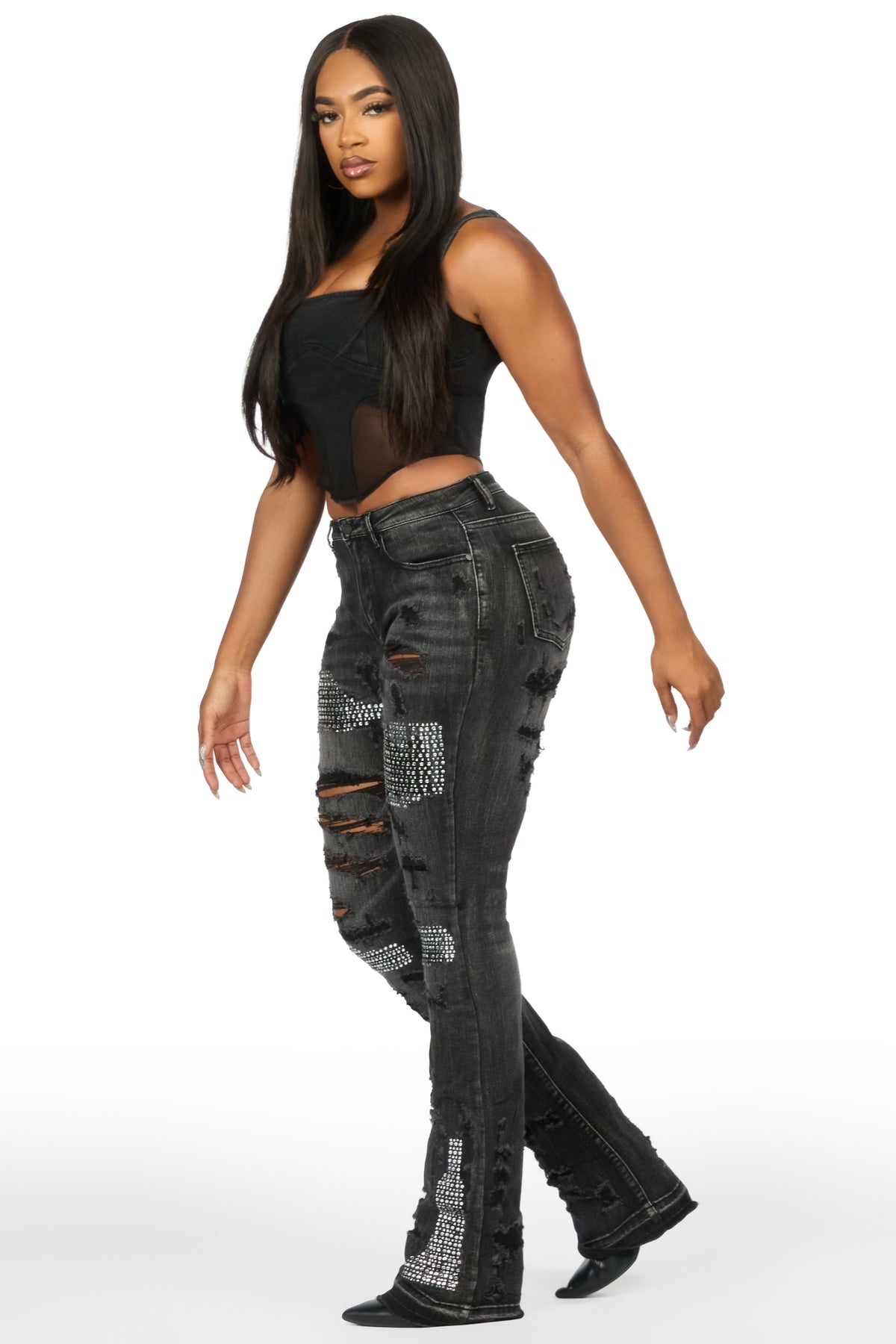 Kyesha Grey Wash Rhinestone Stacked Flare Jean