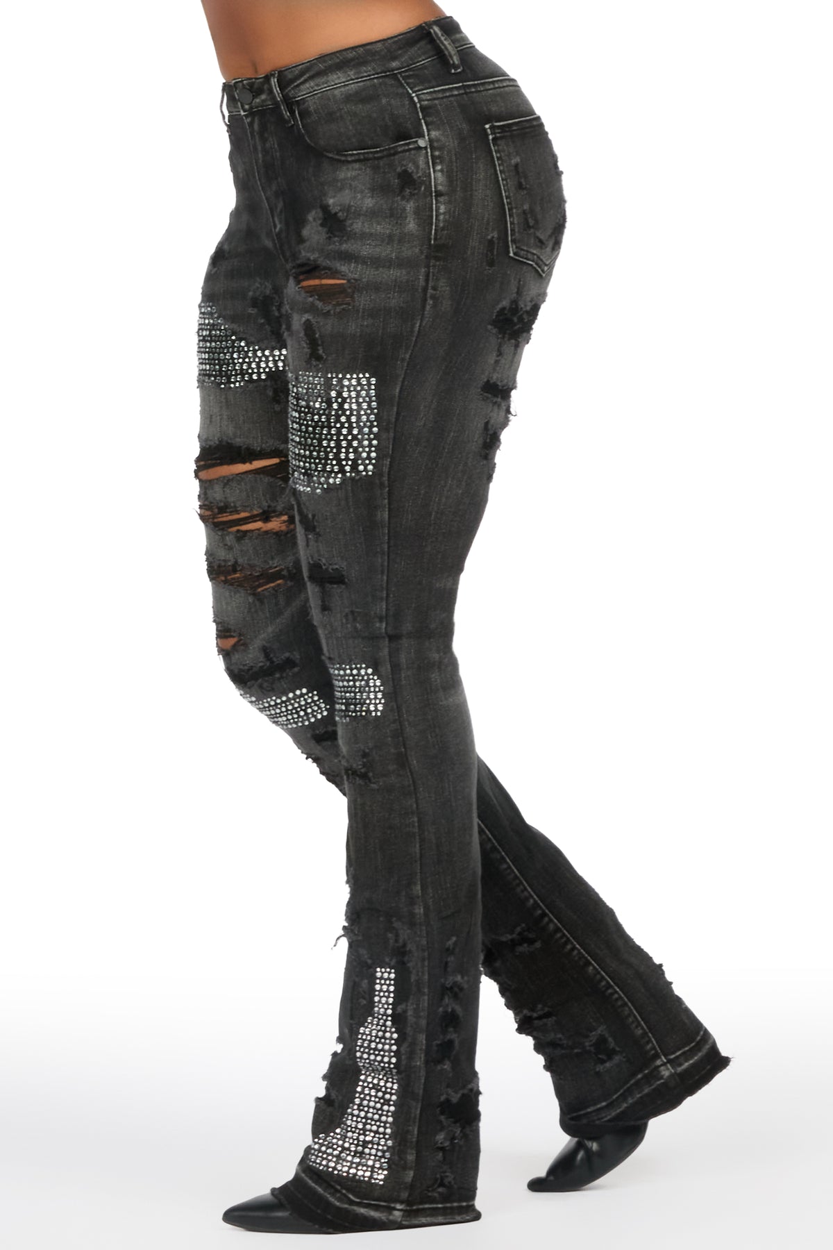 Kyesha Grey Wash Rhinestone Stacked Flare Jean