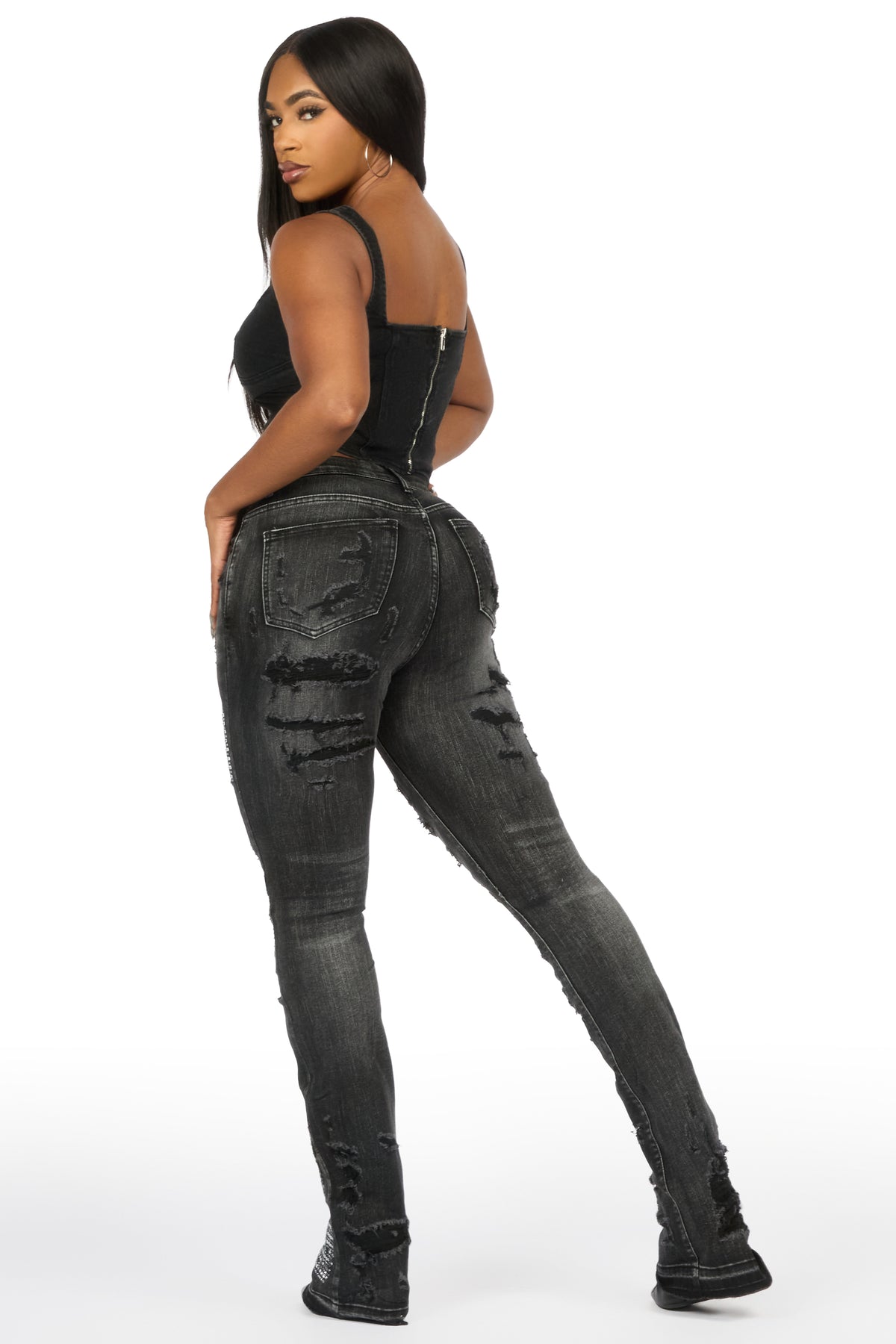 Kyesha Grey Wash Rhinestone Stacked Flare Jean