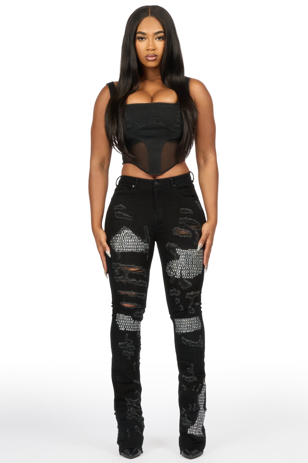 Kyesha Black Rhinestone Stacked Flare Jean