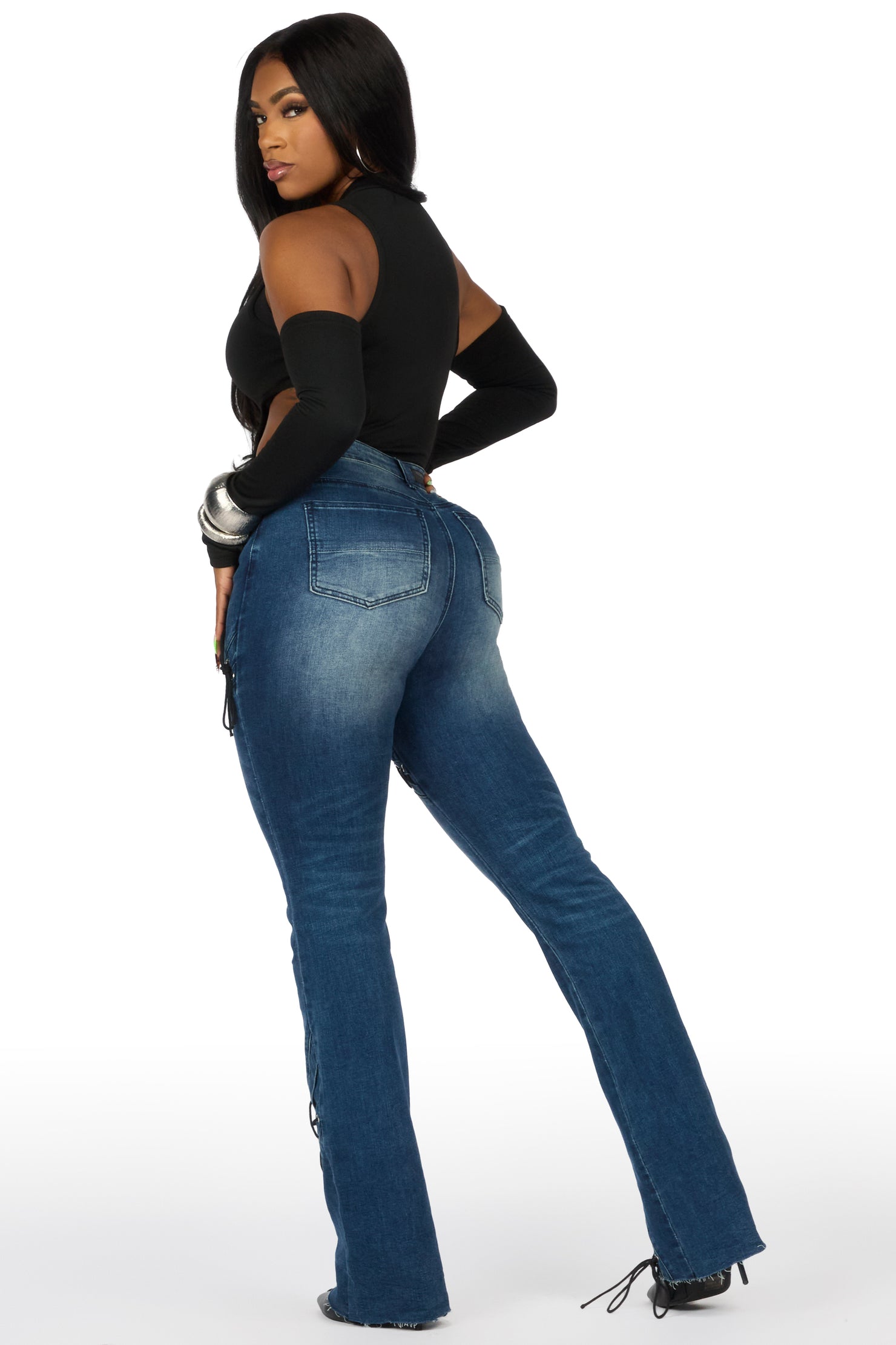 Shanai Dirty Wash Lace Up Stacked Flare Jean