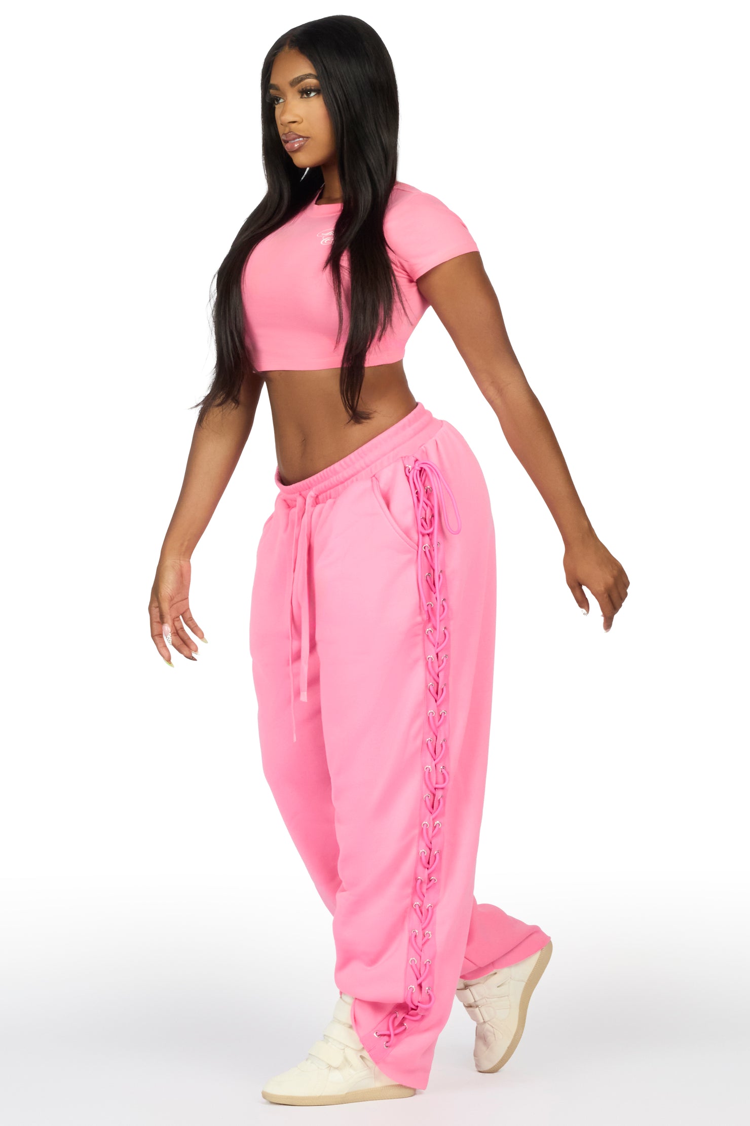 Desire Pink Lace Up  Crop T-Shirt Baggy Track Set