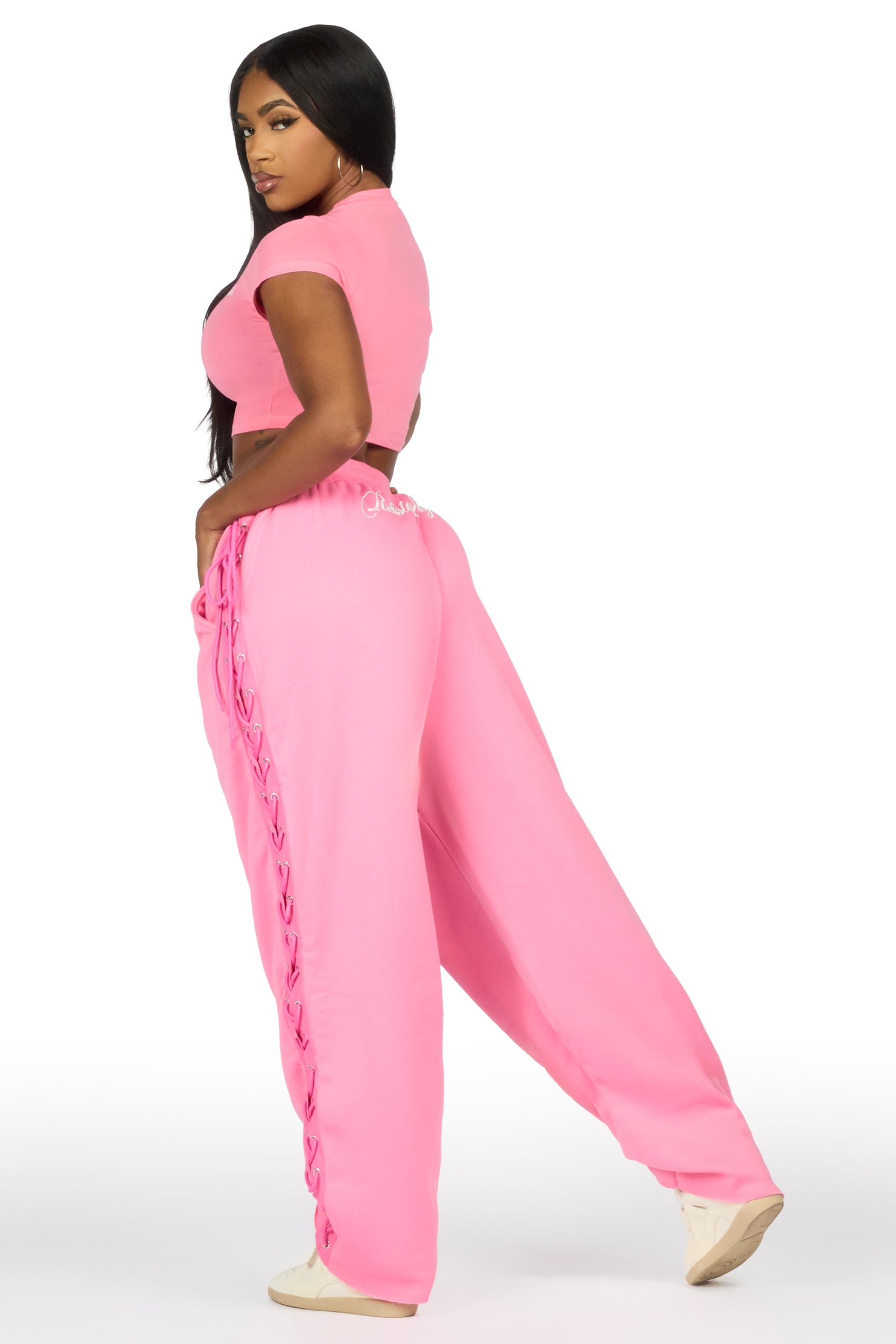Desire Pink Lace Up  Crop T-Shirt Baggy Track Set