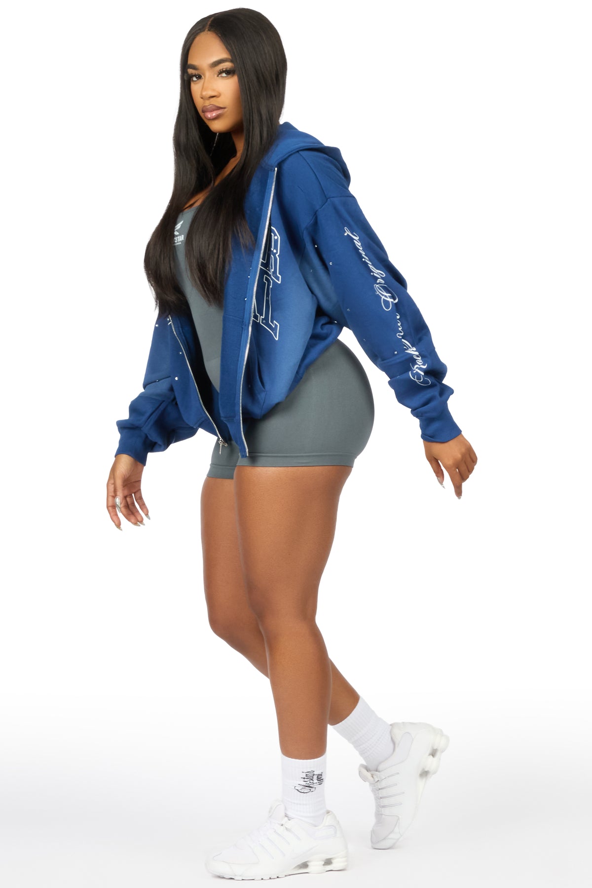 Alvina Navy Rhinestone Zip Up Hoodie