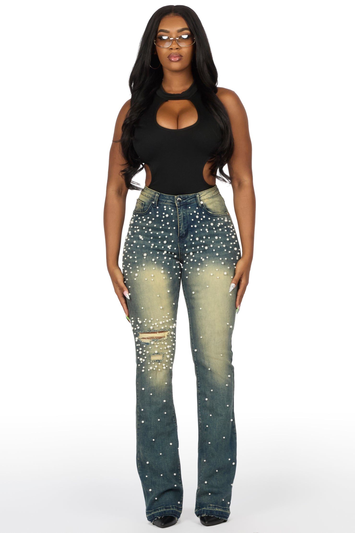 Jeannine Med.Wash Pearl Stacked Flare Jean