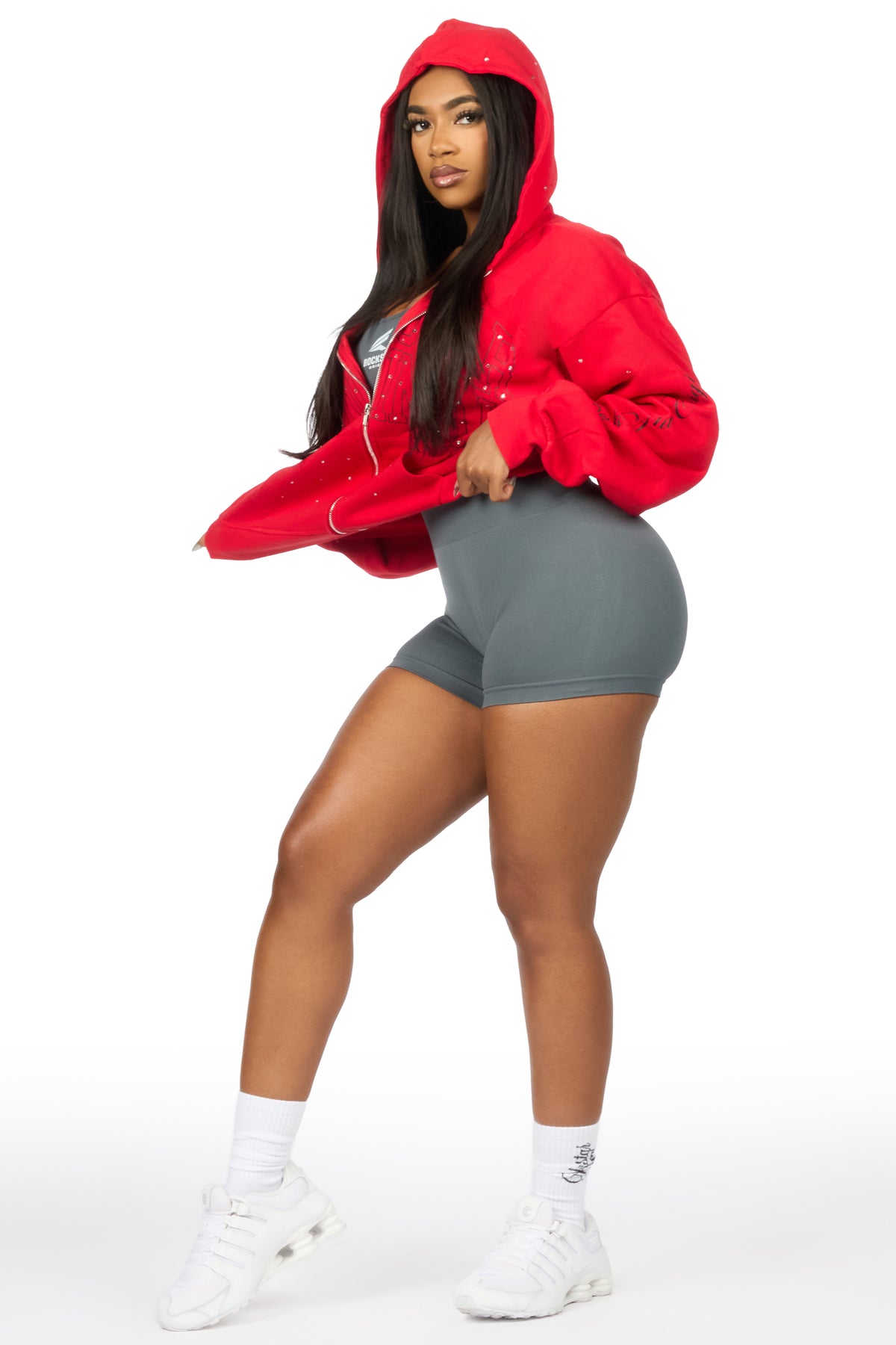 Alvina Red Rhinestone Zip Up Hoodie