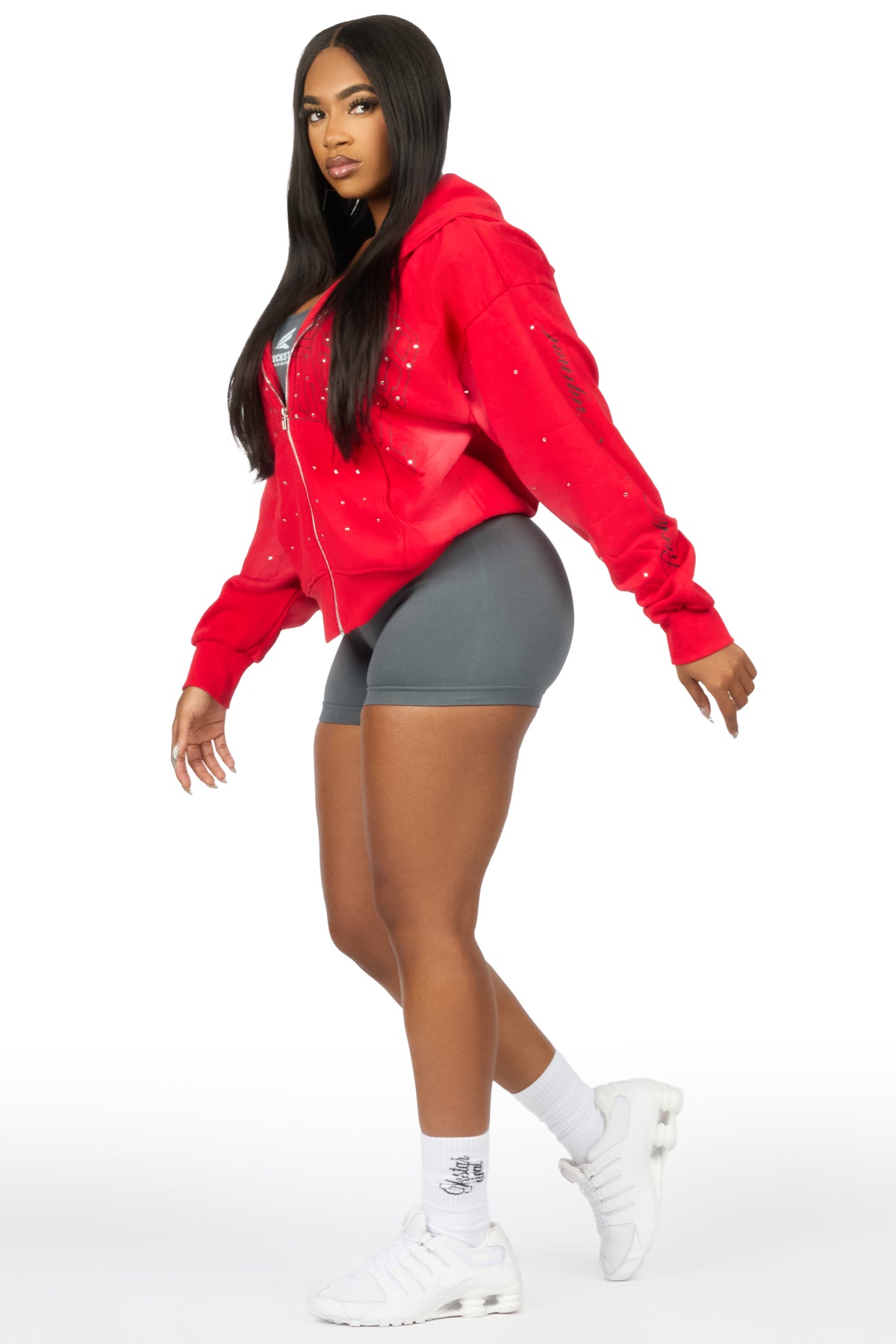 Alvina Red Rhinestone Zip Up Hoodie