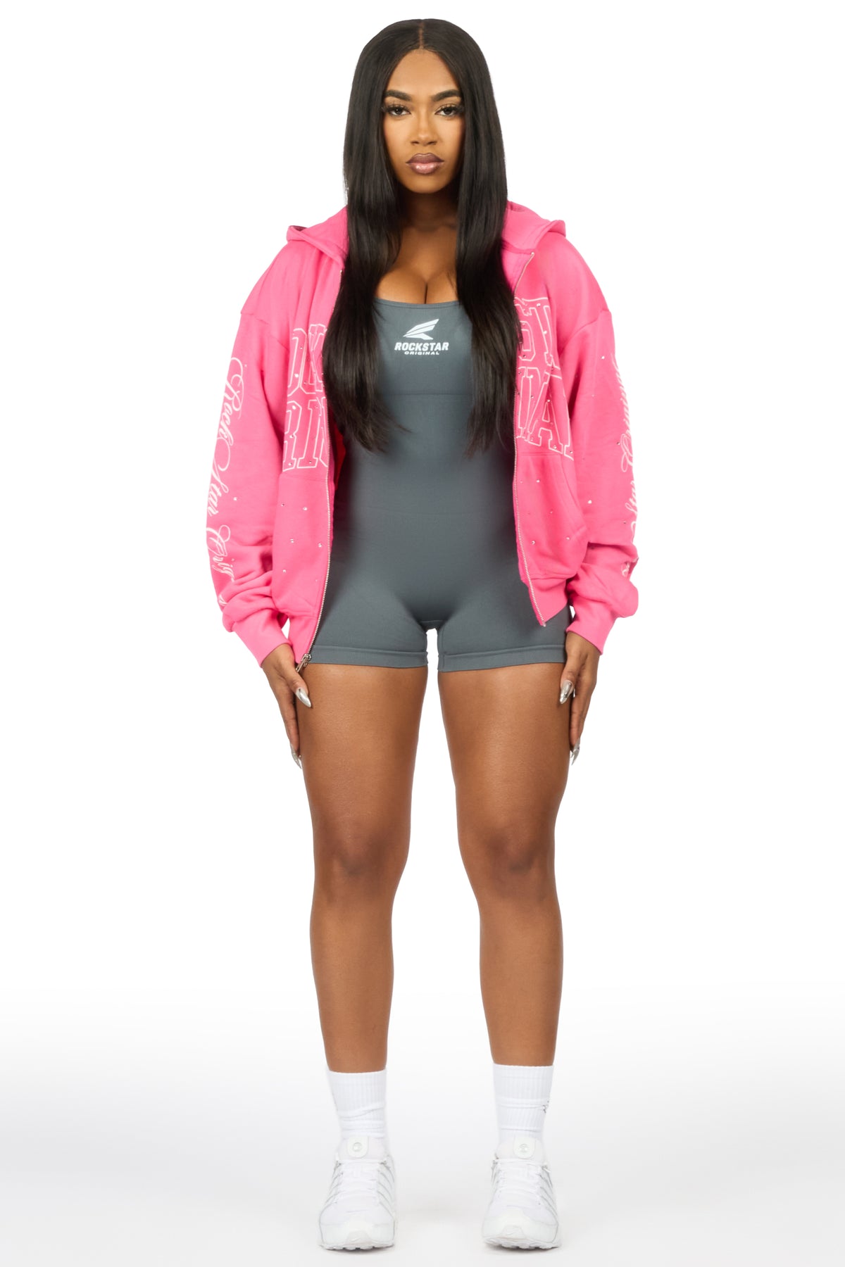 Alvina Pink Rhinestone Zip Up Hoodie