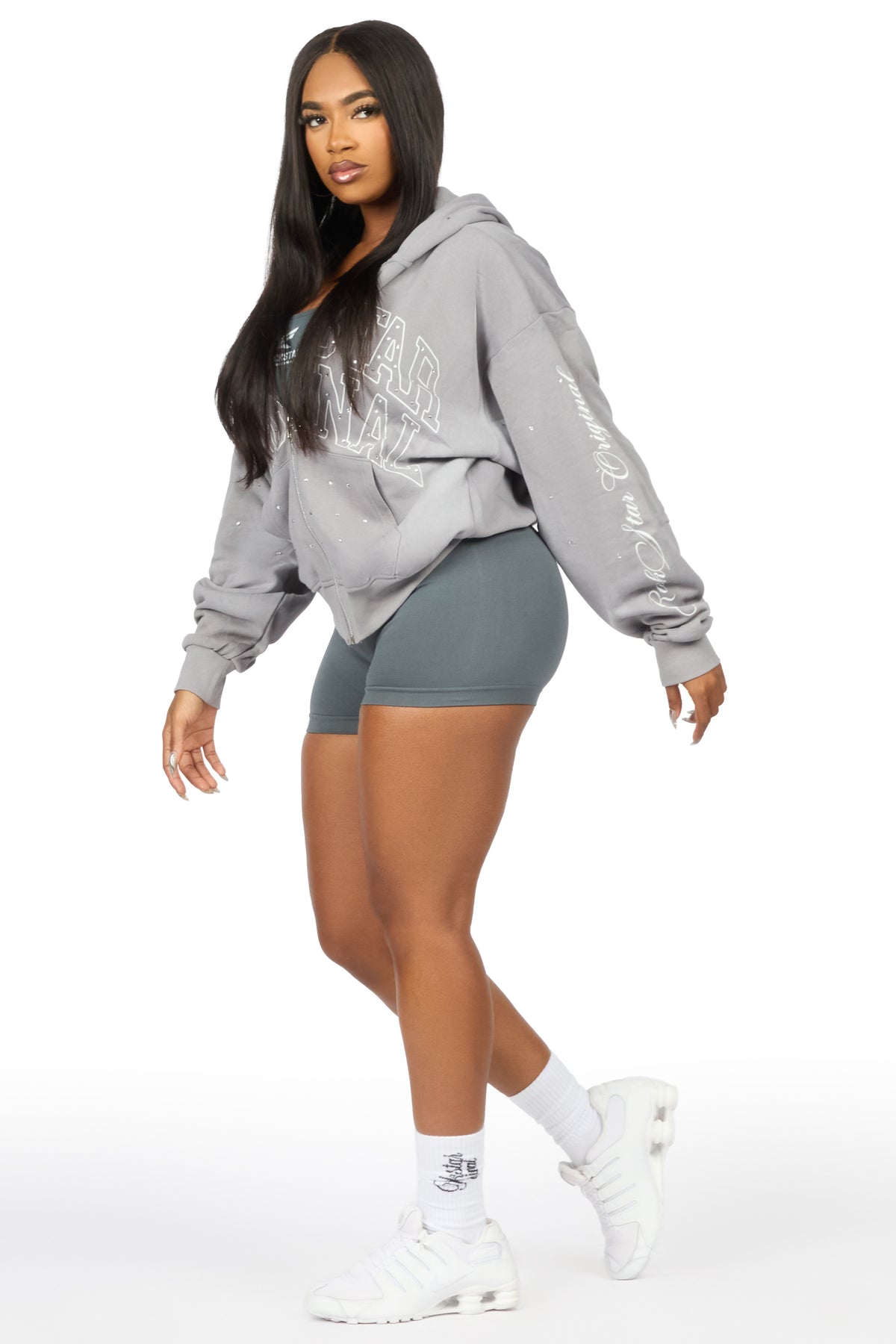 Alvina Grey Rhinestone Zip Up Hoodie