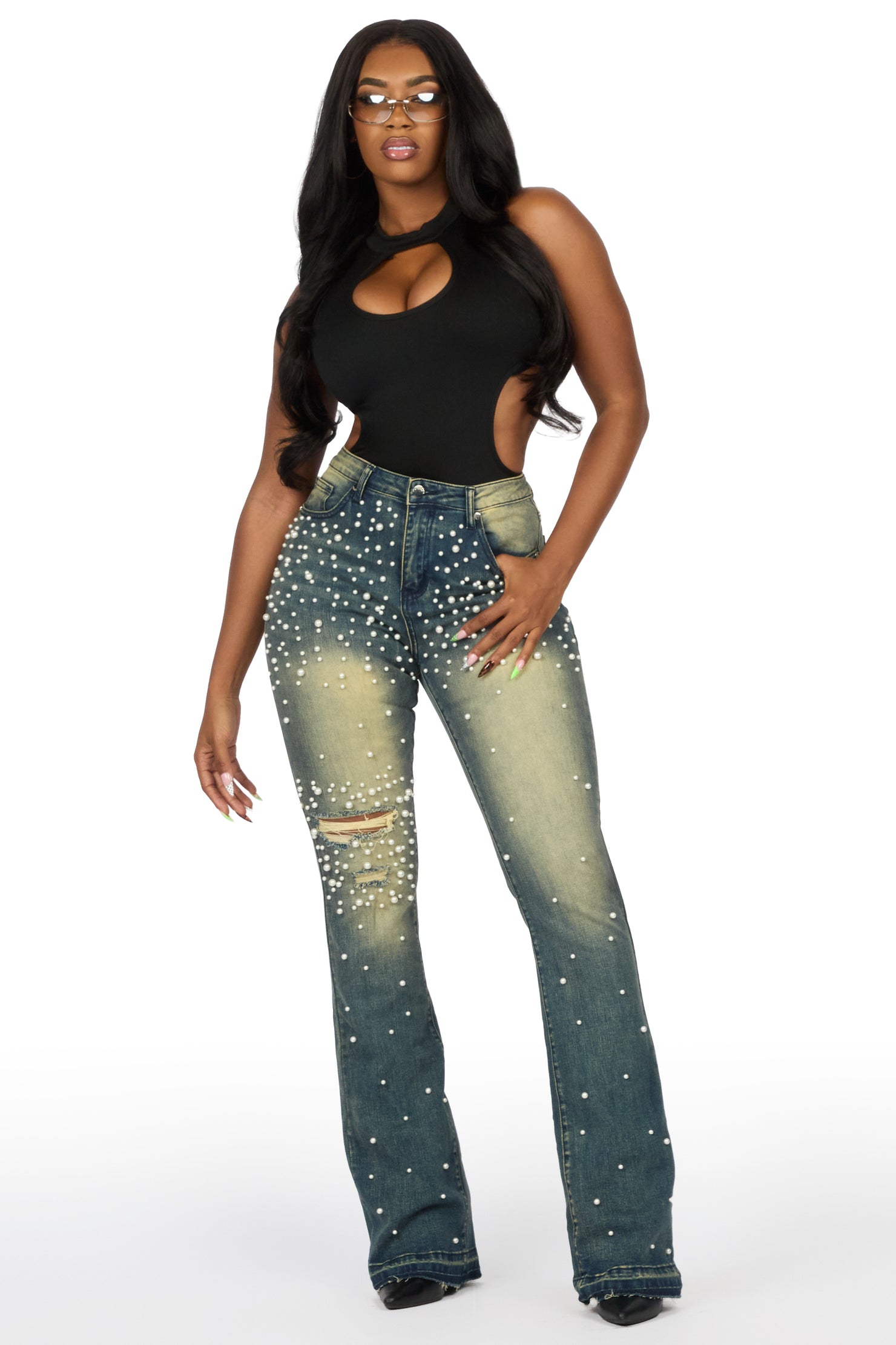 Jeannine Med.Wash Pearl Stacked Flare Jean