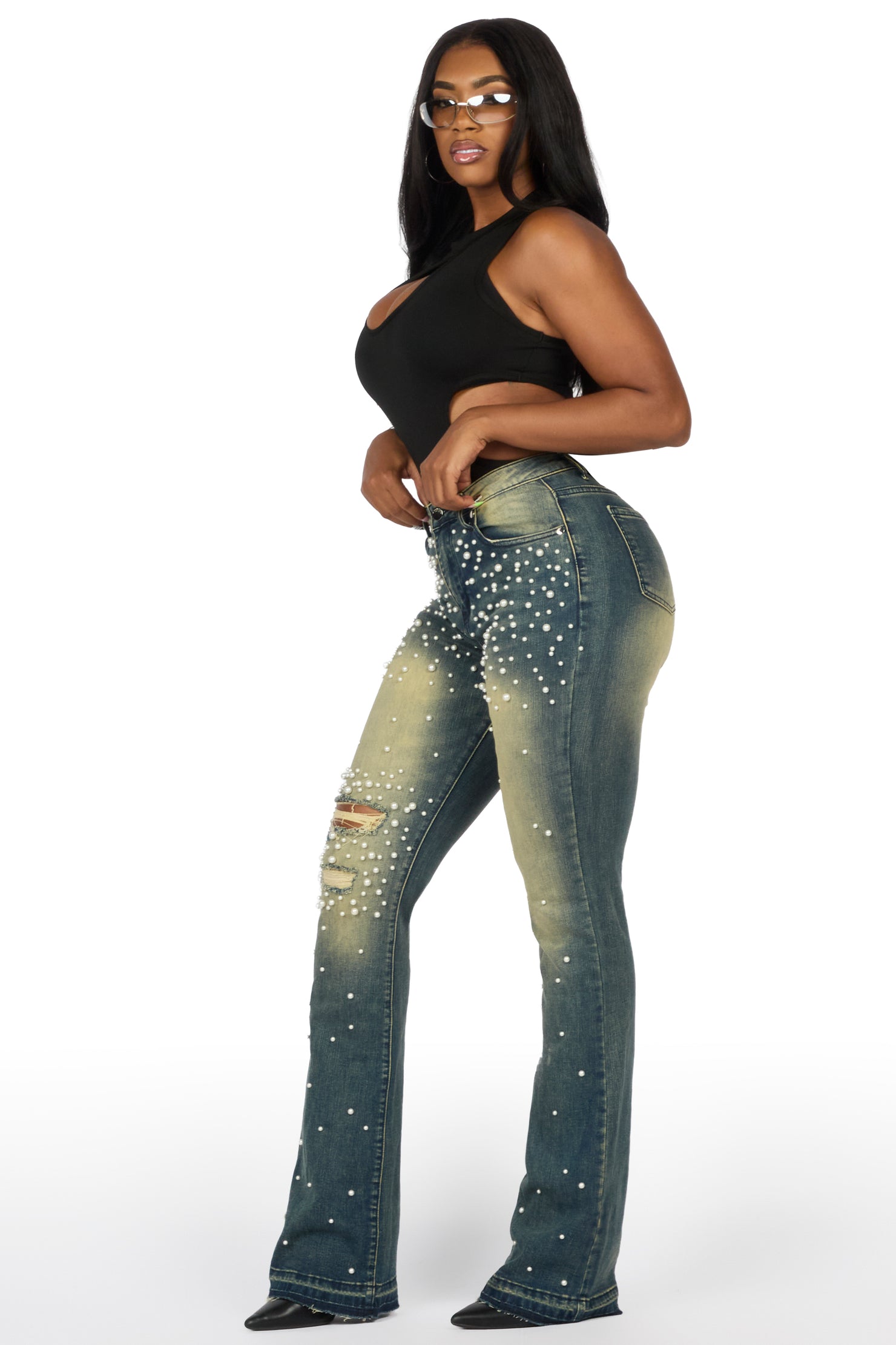 Jeannine Med.Wash Pearl Stacked Flare Jean