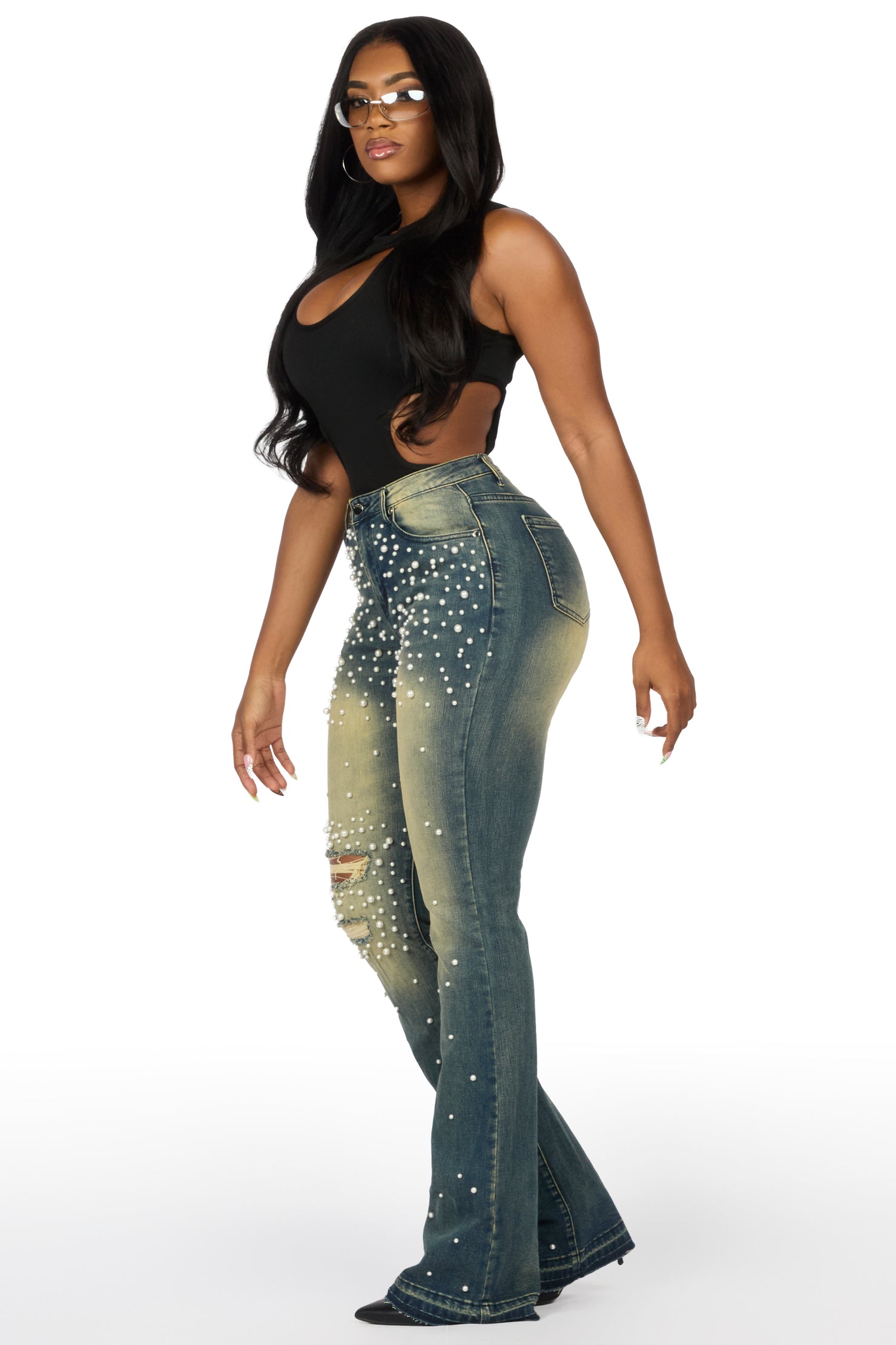 Jeannine Med.Wash Pearl Stacked Flare Jean