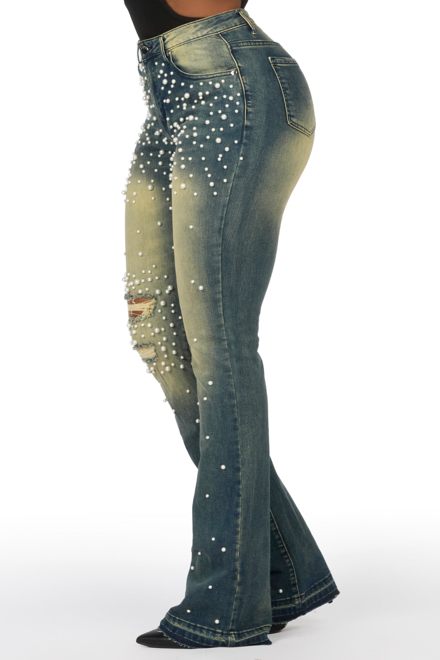 Jeannine Med.Wash Pearl Stacked Flare Jean