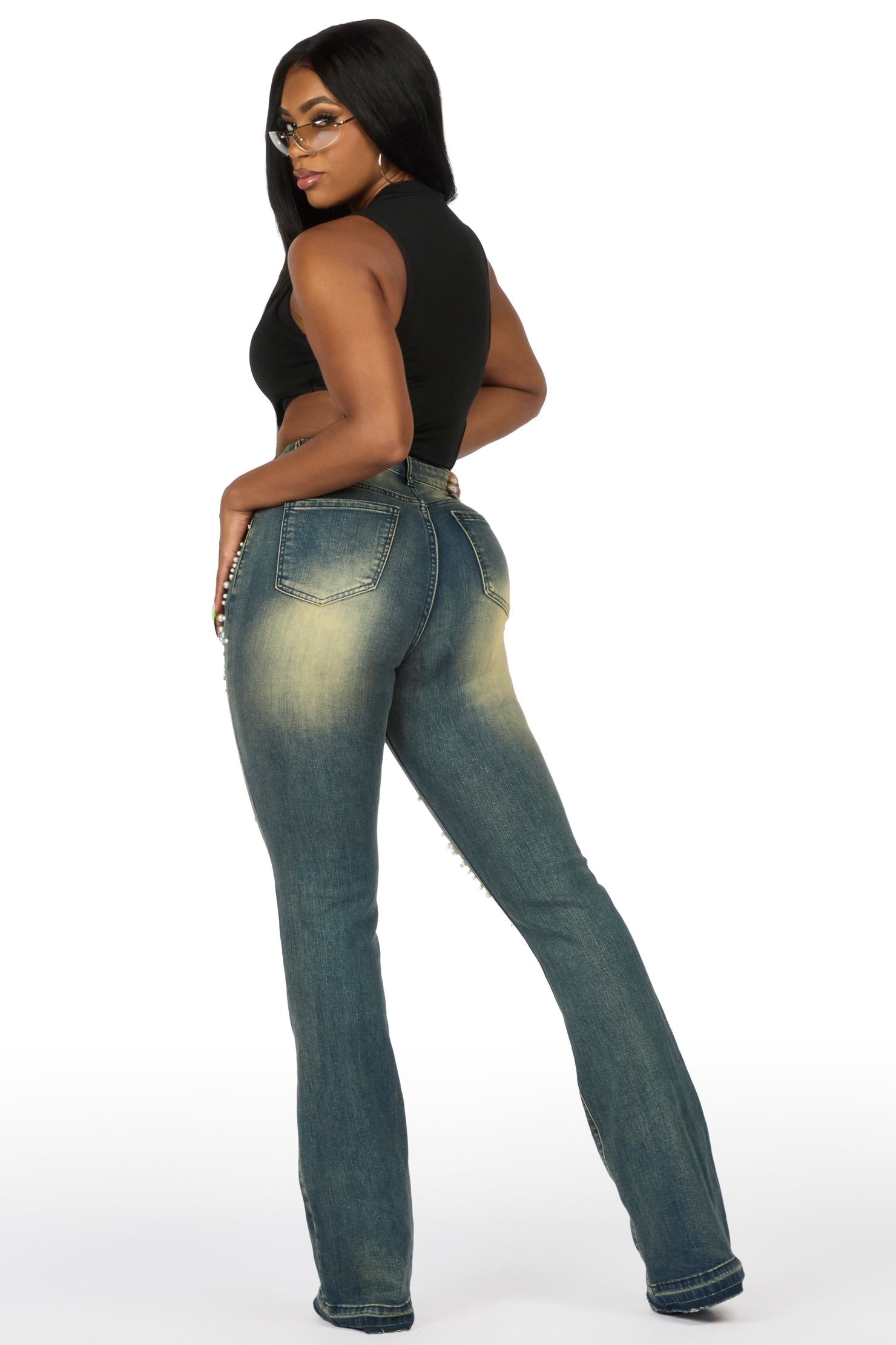 Jeannine Med.Wash Pearl Stacked Flare Jean