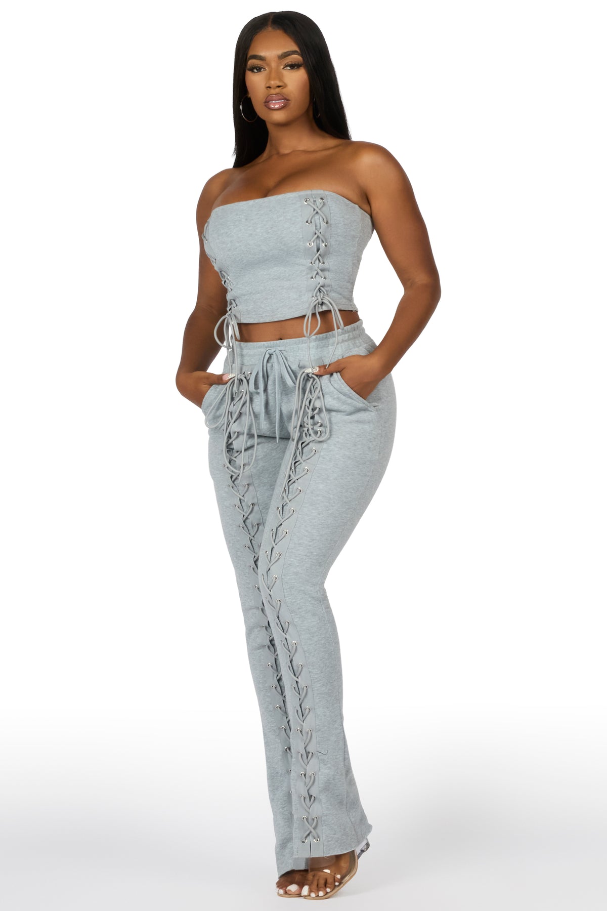 KaeMyna Grey Lace Up Tube Stacked Track Set