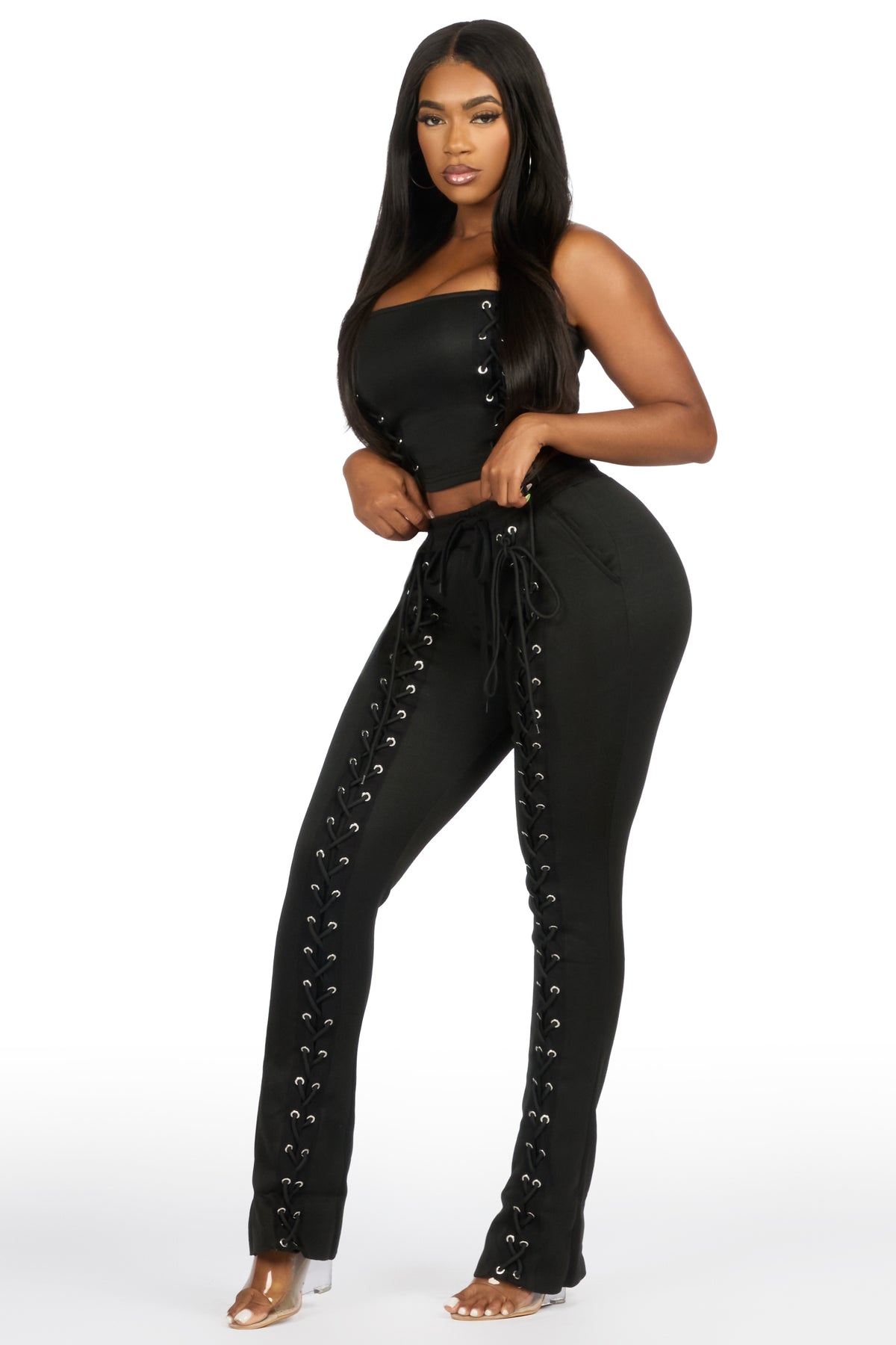 KaeMyna Black Lace Up Tube Stacked Track Set