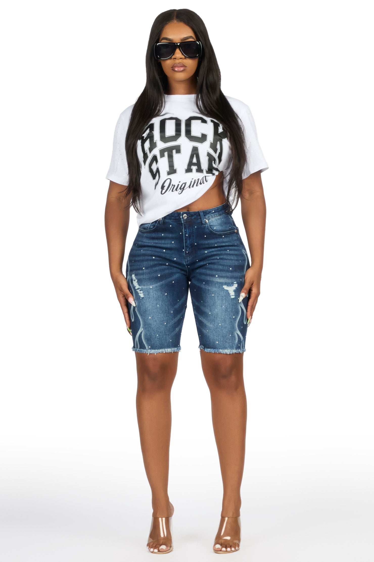 Neshelle Dark Wash Rhinestone Jort