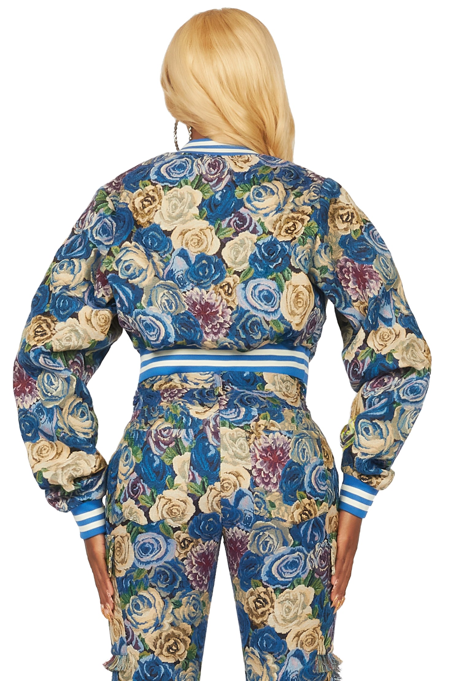 Darresha Blue Crop Tapestry Varsity Jacket