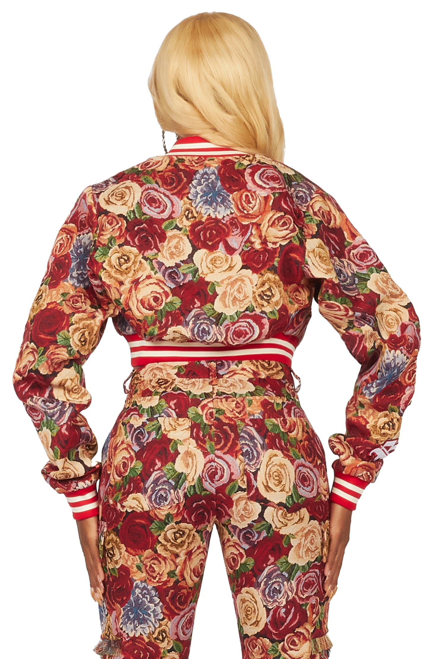 Darresha Red Crop Tapestry Varsity Jacket