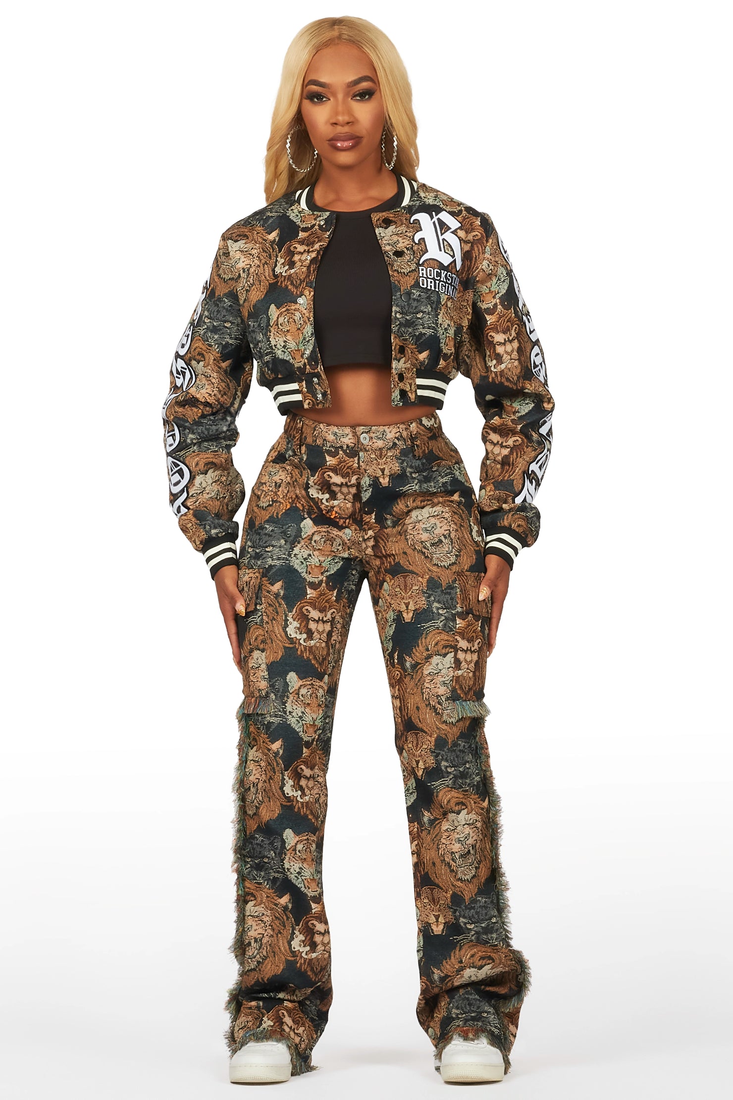 Khadiyah Black Crop Tapestry Varsity Jacket