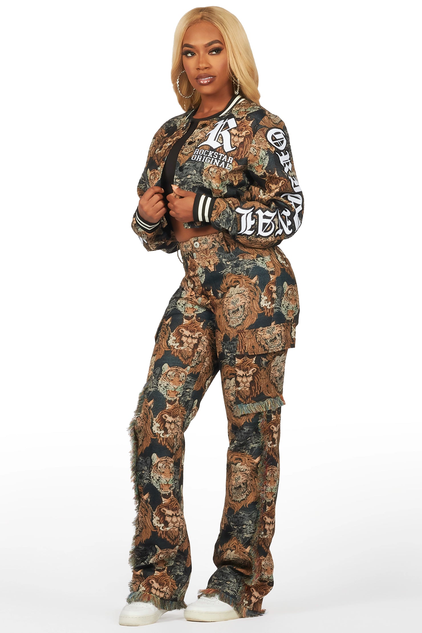 Khadiyah Black Animal Print Tapestry Stacked Pant