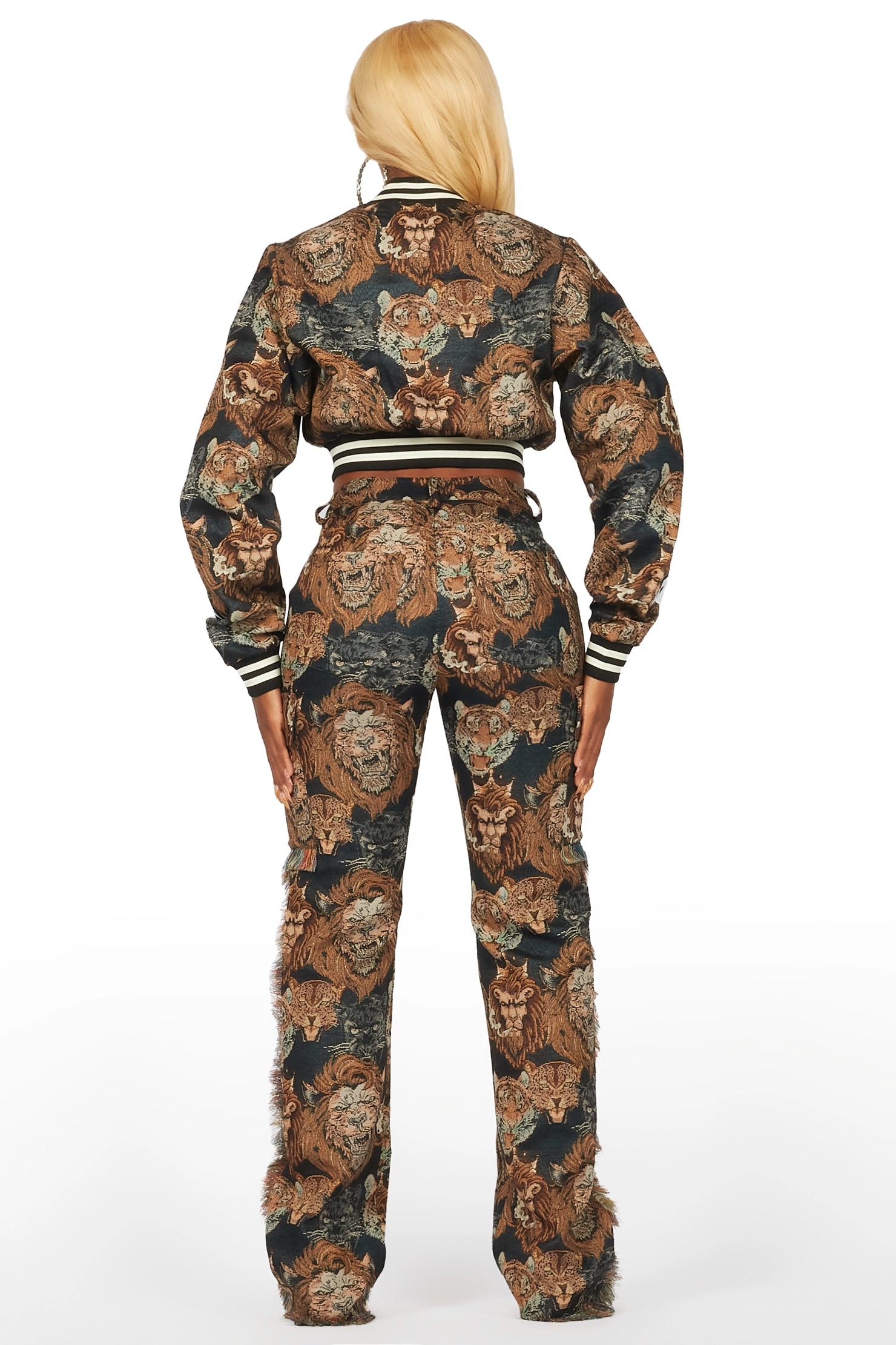 Khadiyah Black Animal Print Tapestry Stacked Pant