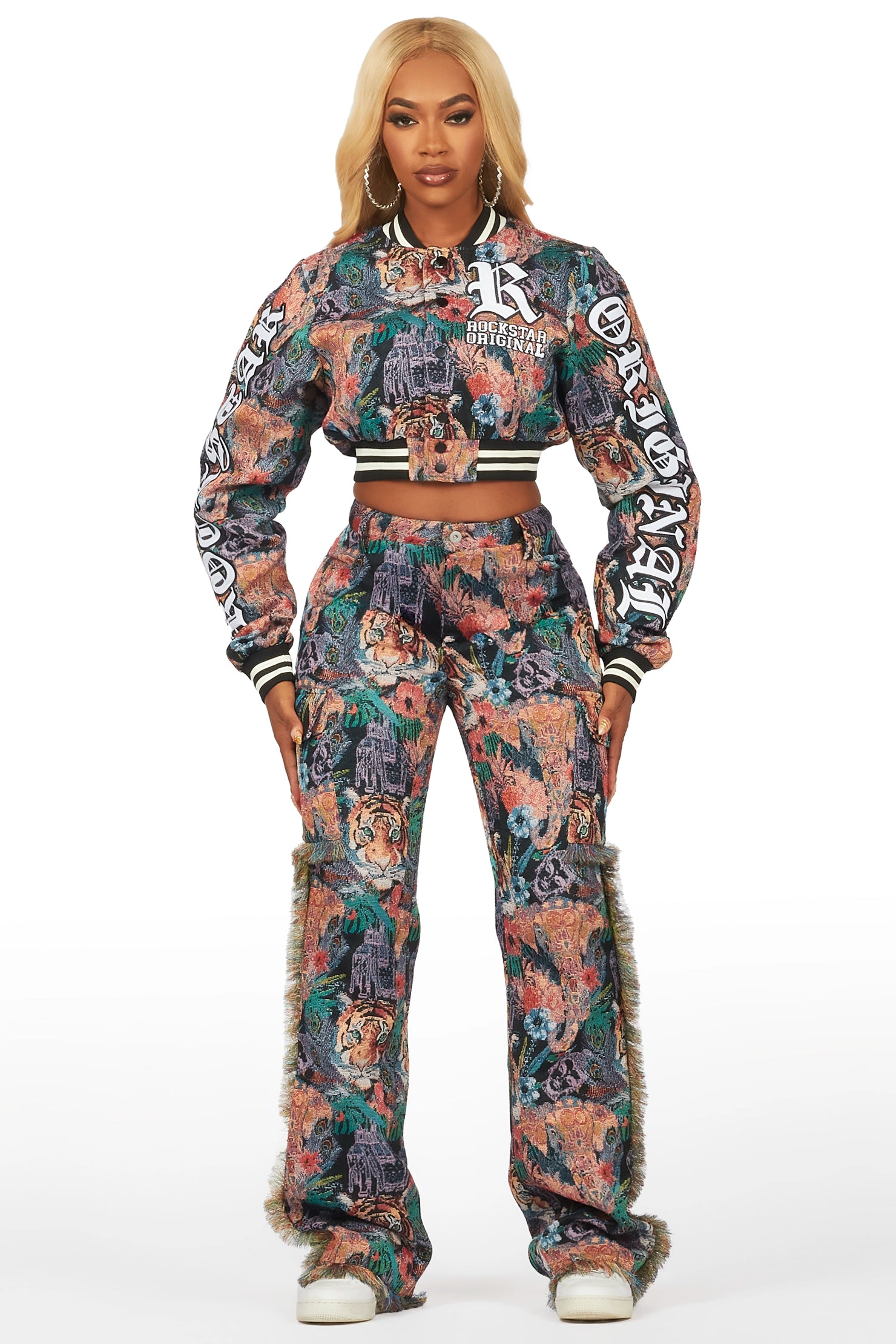 Rena Black Crop Tapestry Varsity Jacket