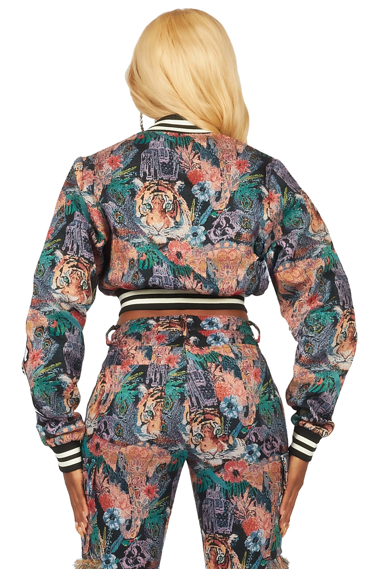 Rena Black Crop Tapestry Varsity Jacket