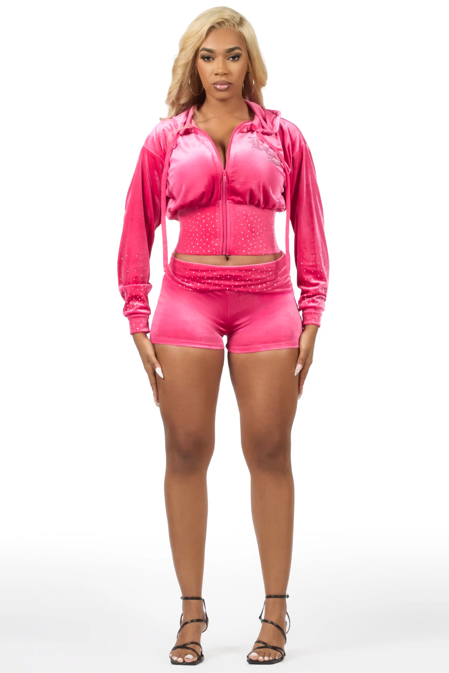 Rachell Hot Pink Rhinestone Velour Short Set