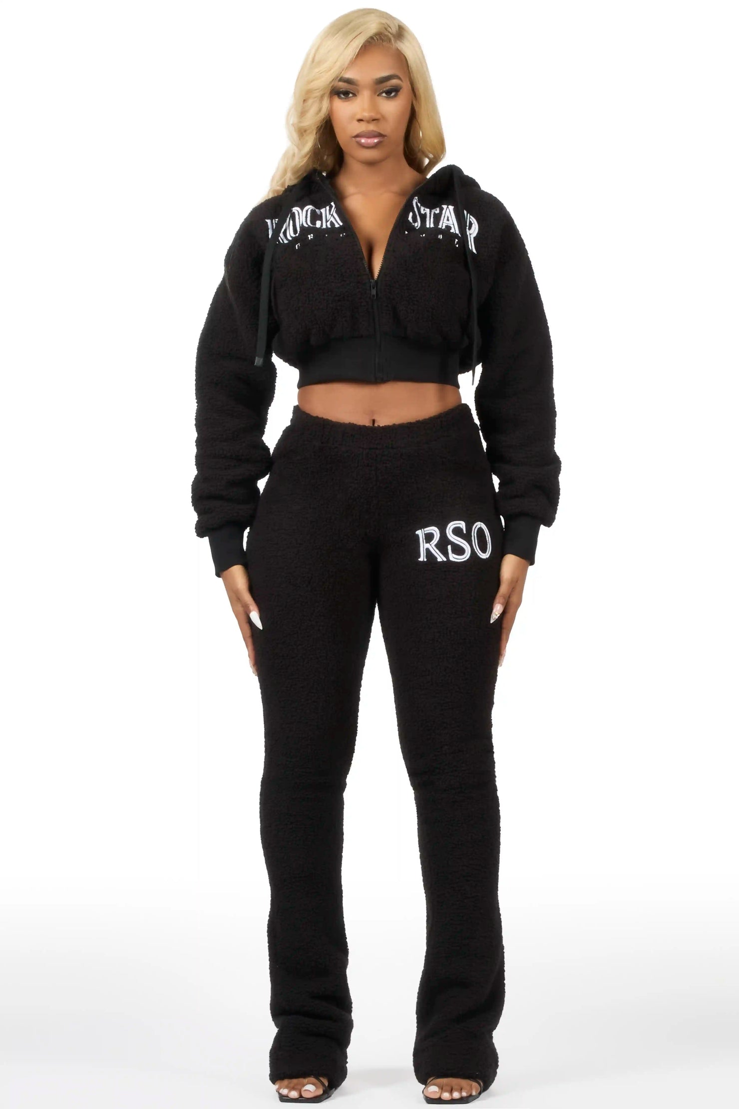 Krystiana Black Sherpa Zip Up Stacked Track Set