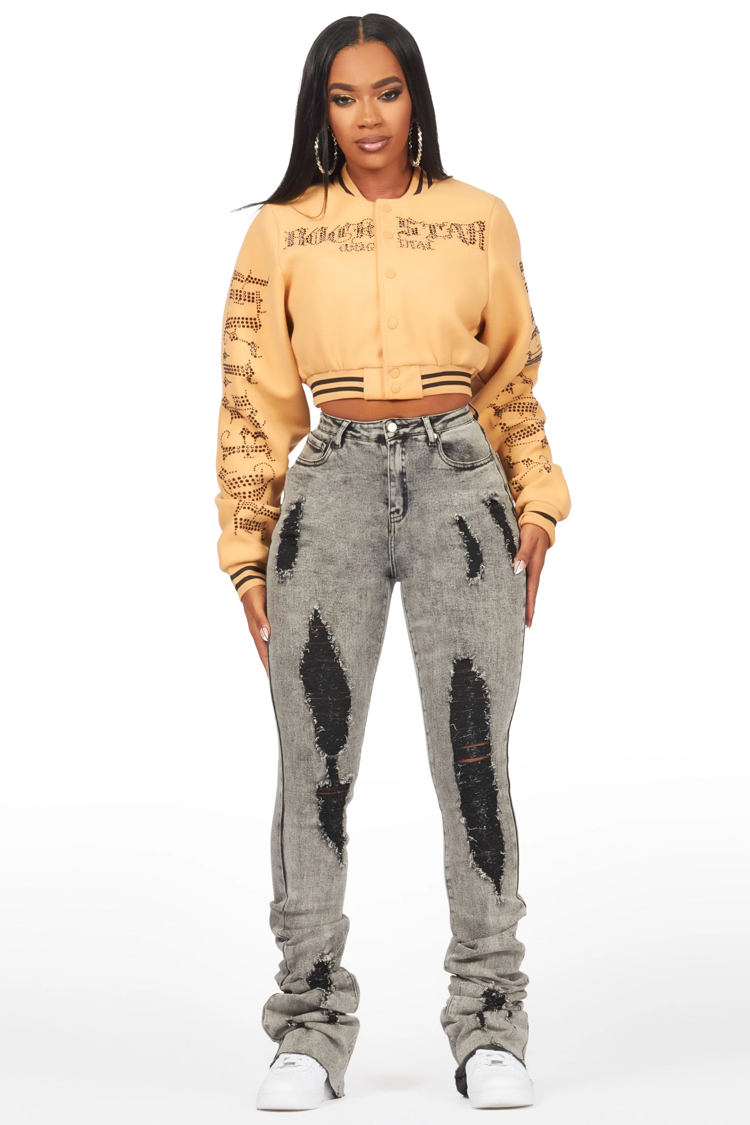 Gianni Tan Crop Rhinestone Varsity Jacket