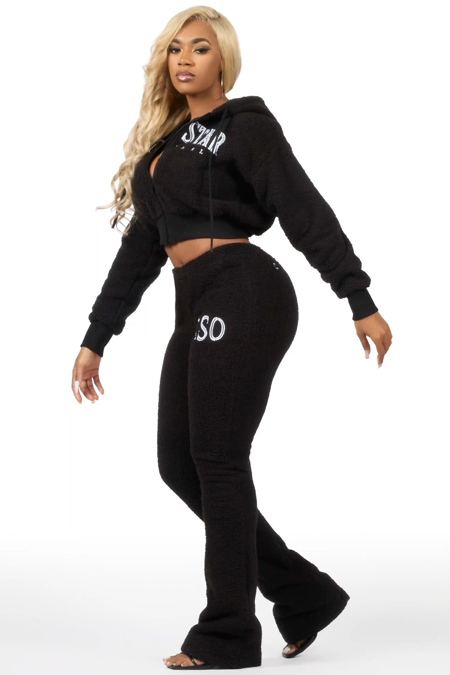 Krystiana Black Sherpa Zip Up Stacked Track Set