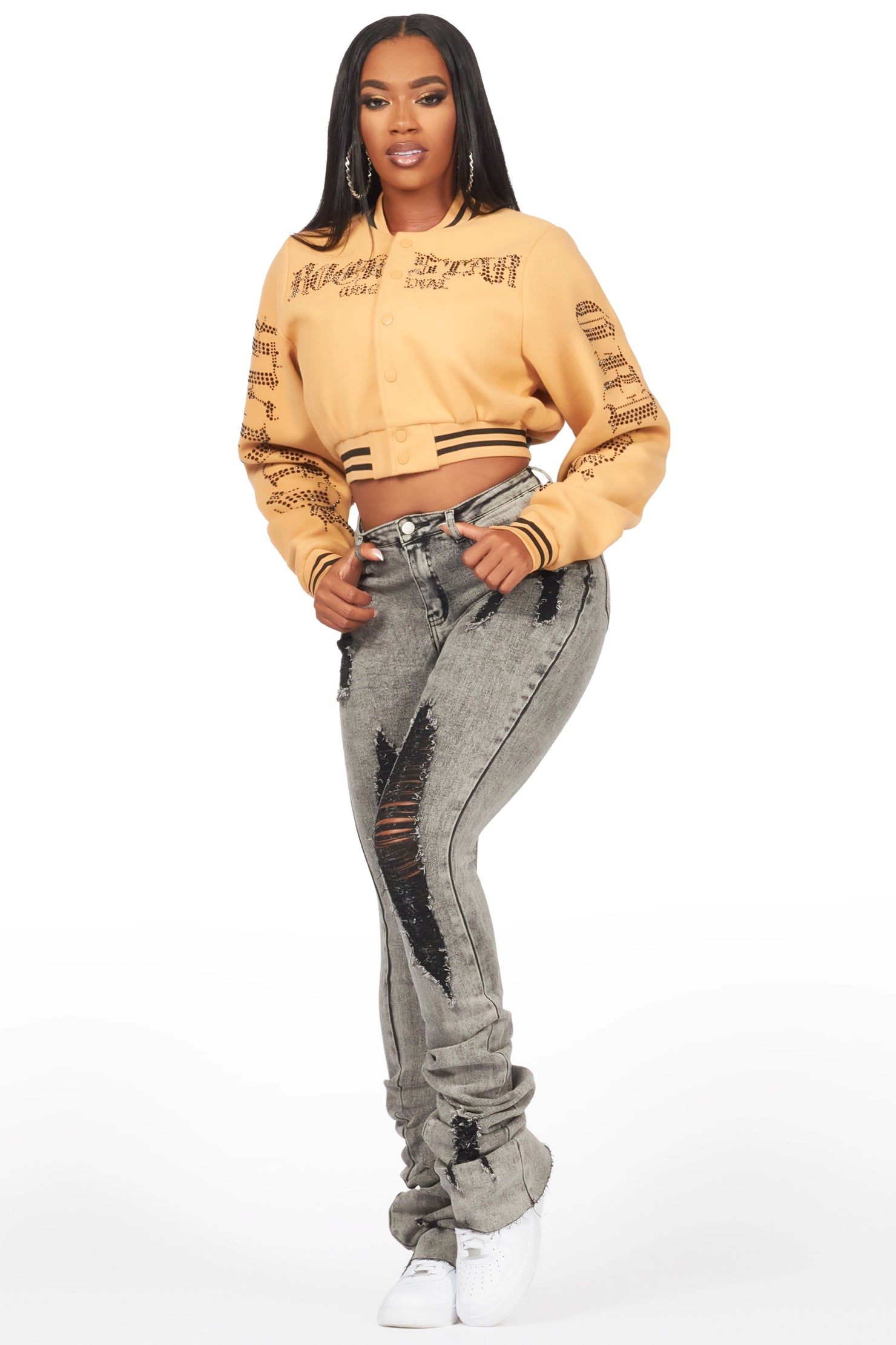 Gianni Tan Crop Rhinestone Varsity Jacket