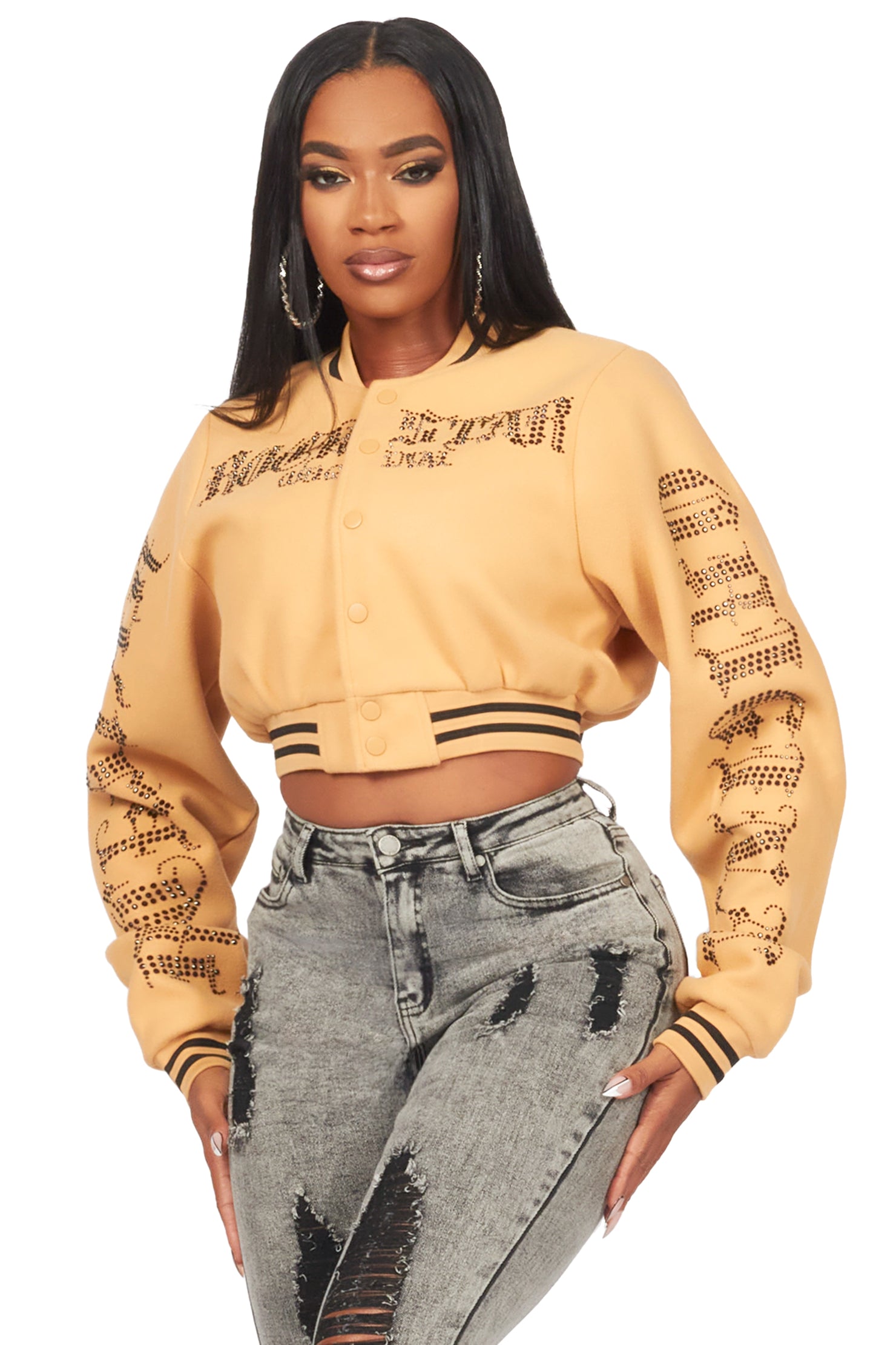 Gianni Tan Crop Rhinestone Varsity Jacket