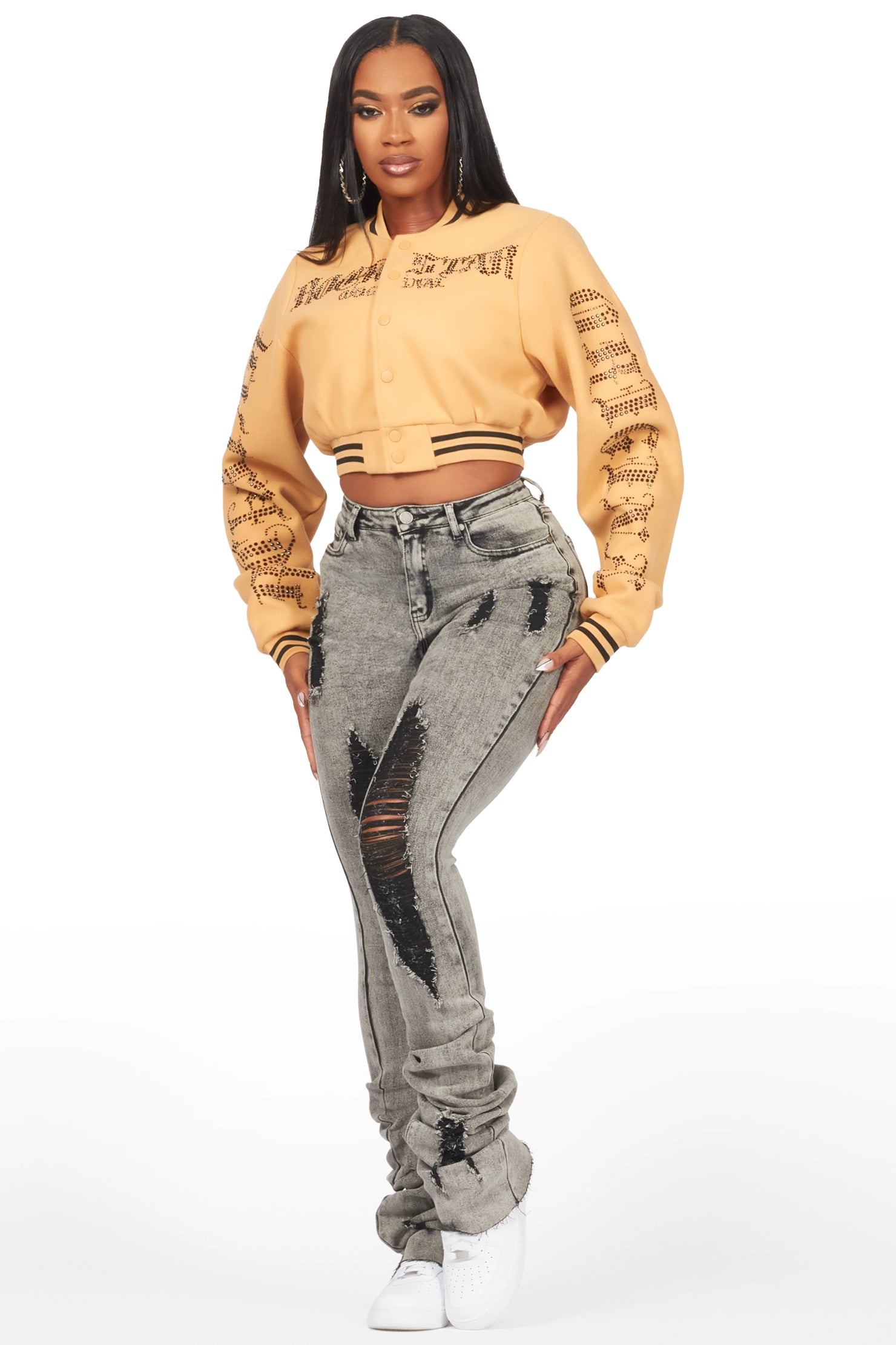 Gianni Tan Crop Rhinestone Varsity Jacket