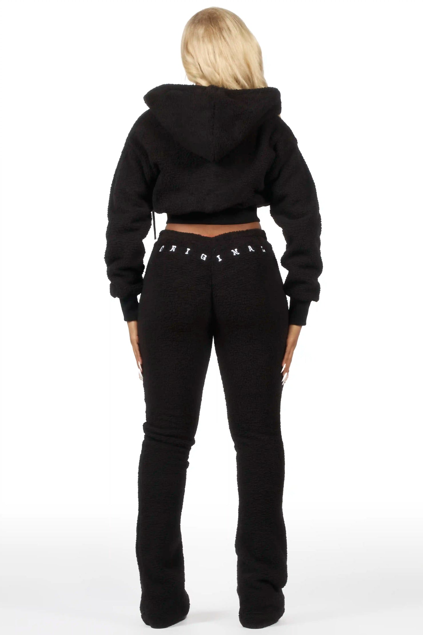 Krystiana Black Sherpa Zip Up Stacked Track Set