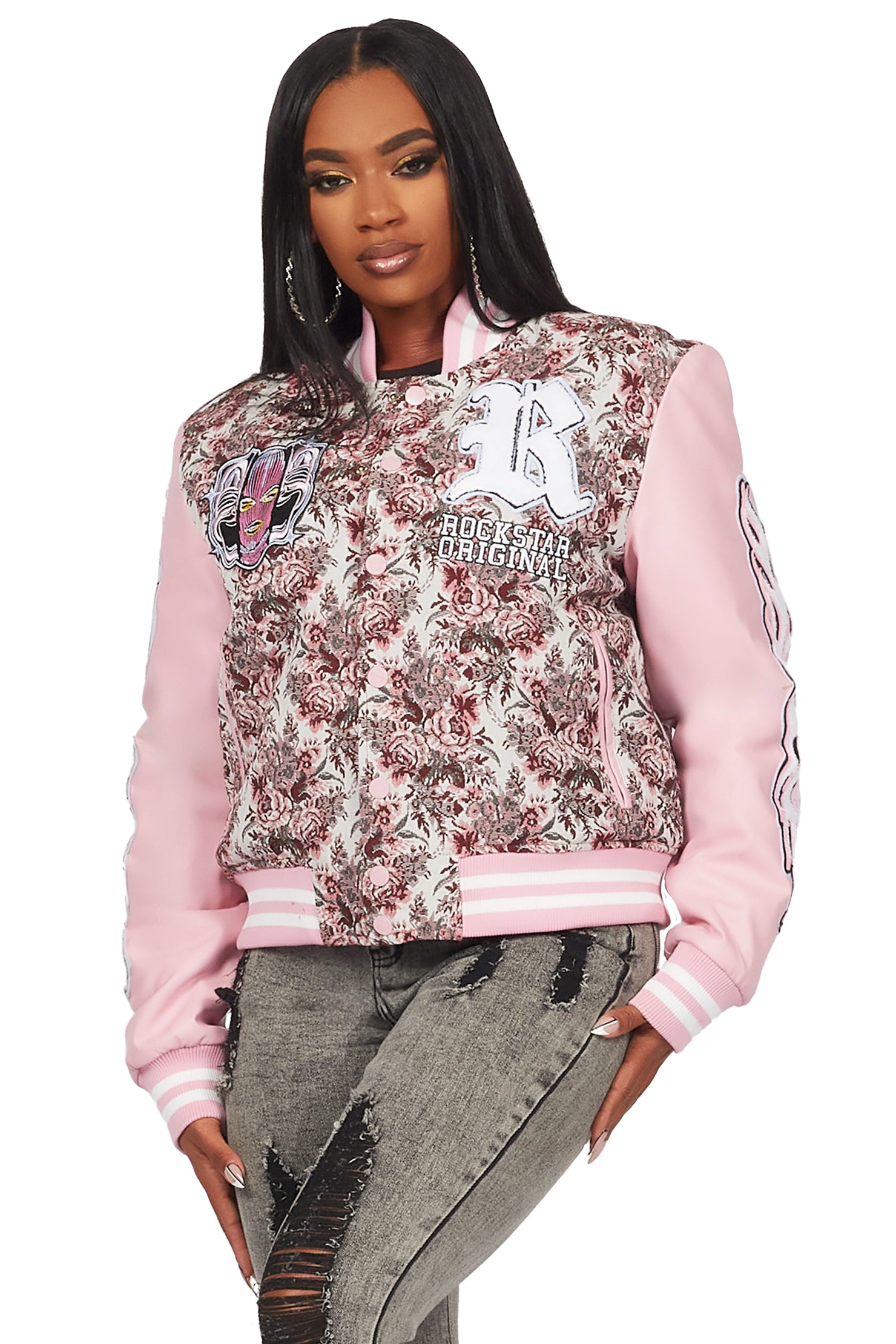 Lakiela Pink Oversized Tapestry Varsity Jacket