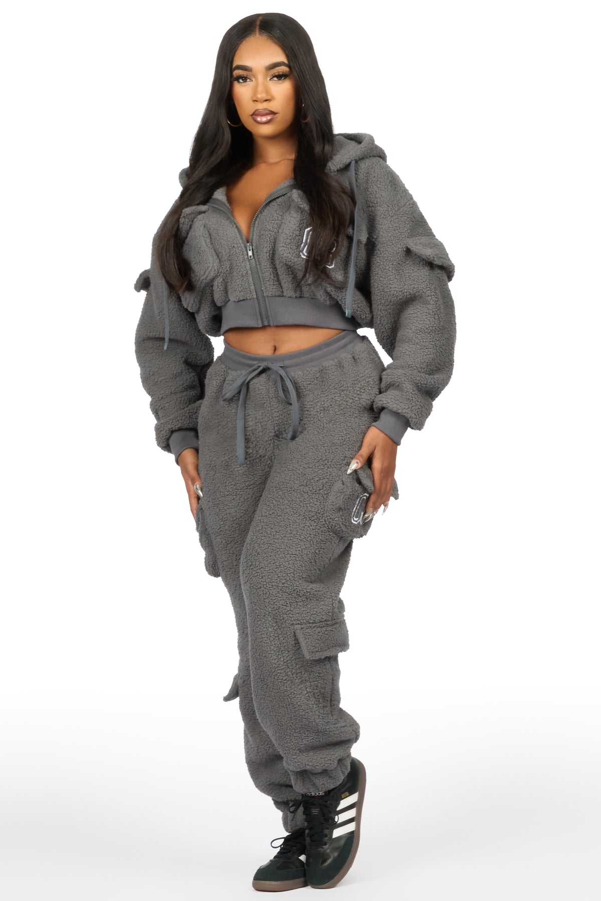 Renea Grey Sherpa Cargo Baggy Fit Track Set